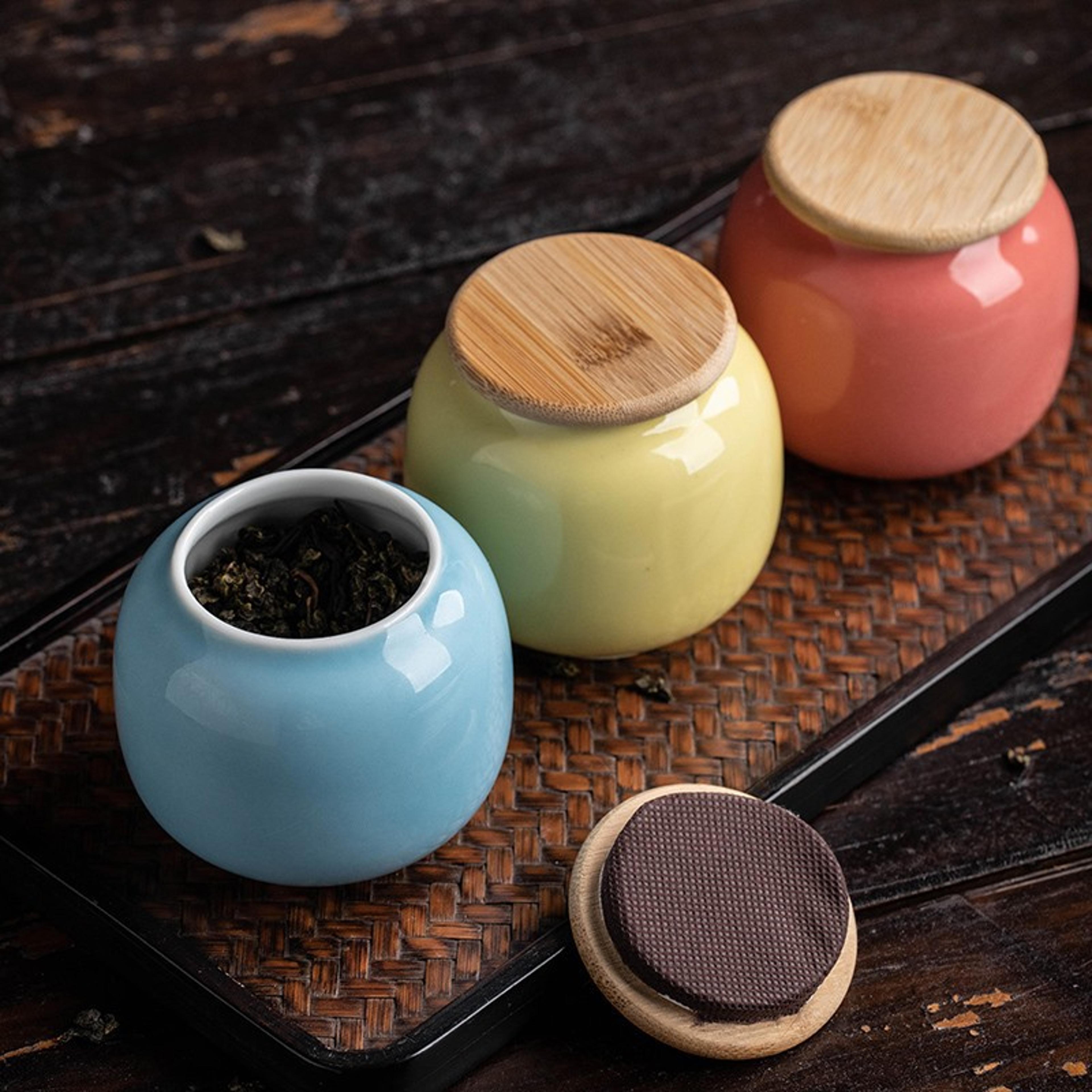 mini bamboo lid ceramic tea candy box, vintage sealed storage jar, home decoration gift
