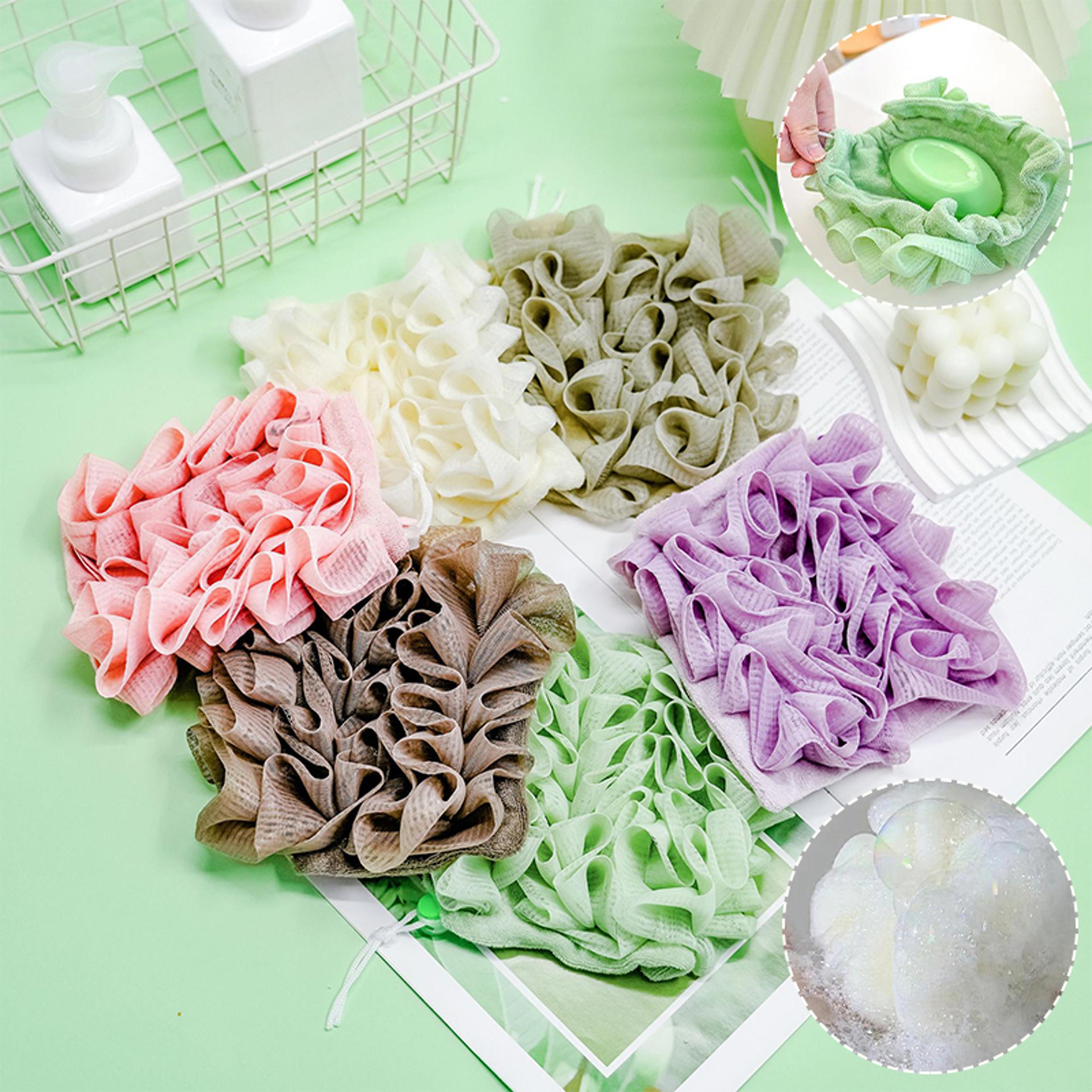 soft exfoliating mesh bath loofah towel with drawstring closure for skin care and soap