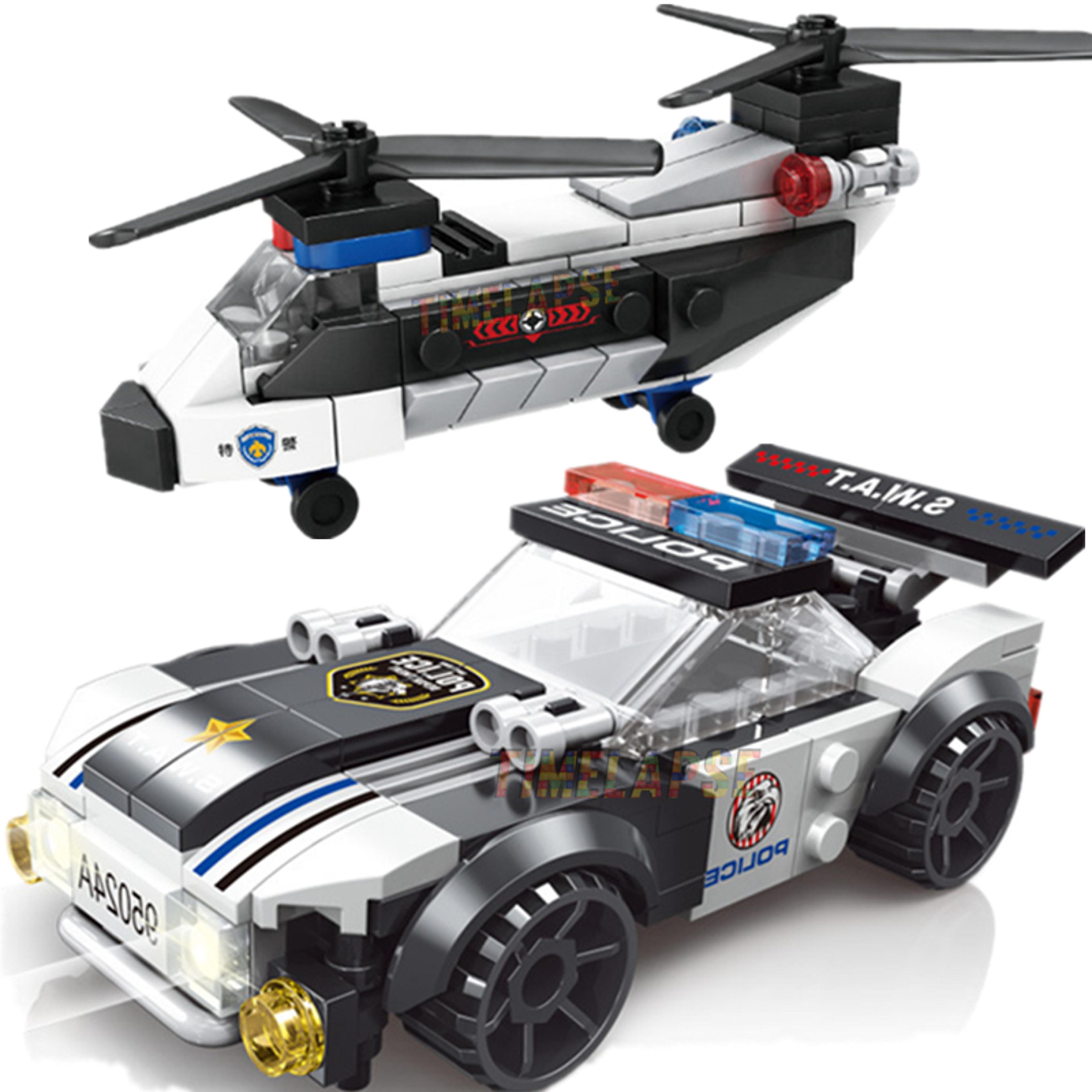 diy moc city plane swat super police car dual-rotor helicopter building blocks kit classic model
