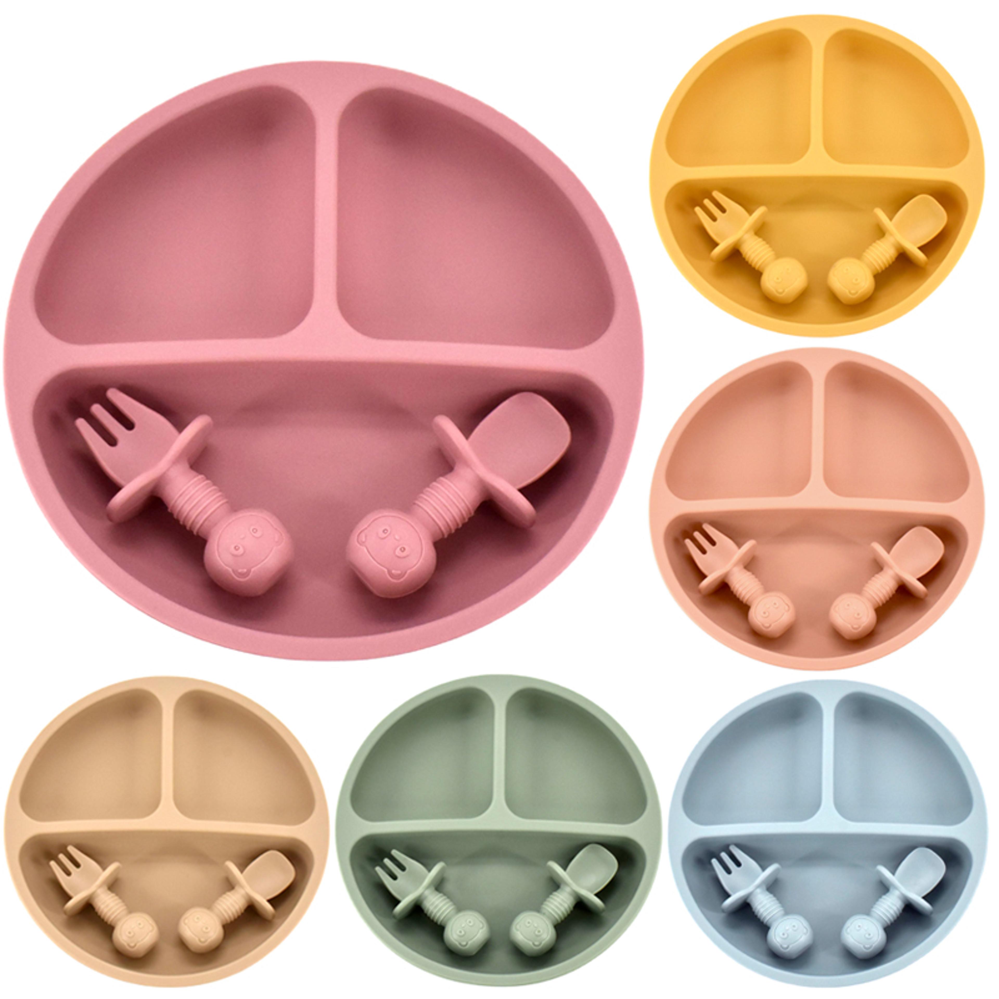 retro kids plate, smile face baby tableware set, baby safe silicone dining plate, solid cute cartoon children dishes