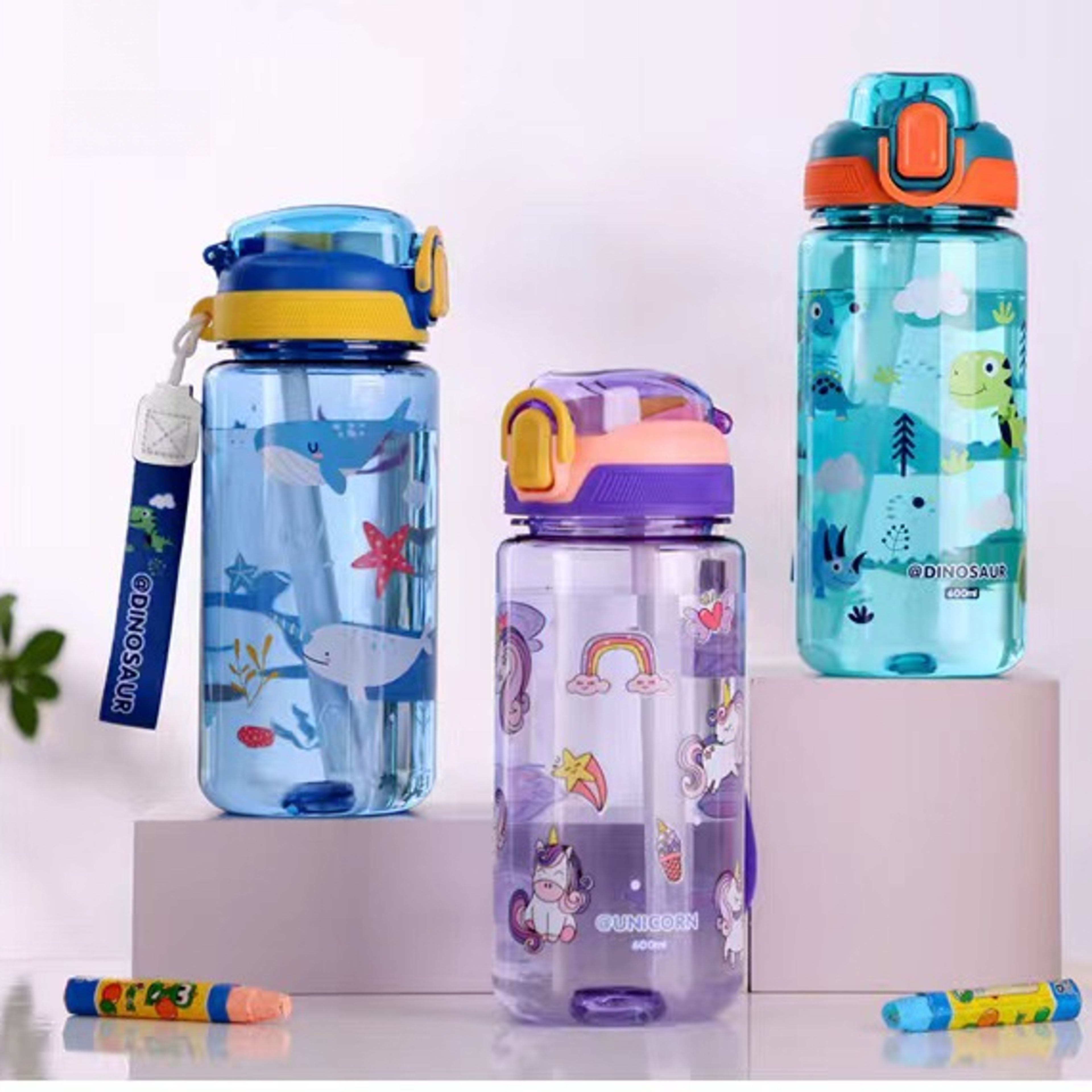 leakproof kids water bottle with silicone straw dinosaur sippy cup for summer