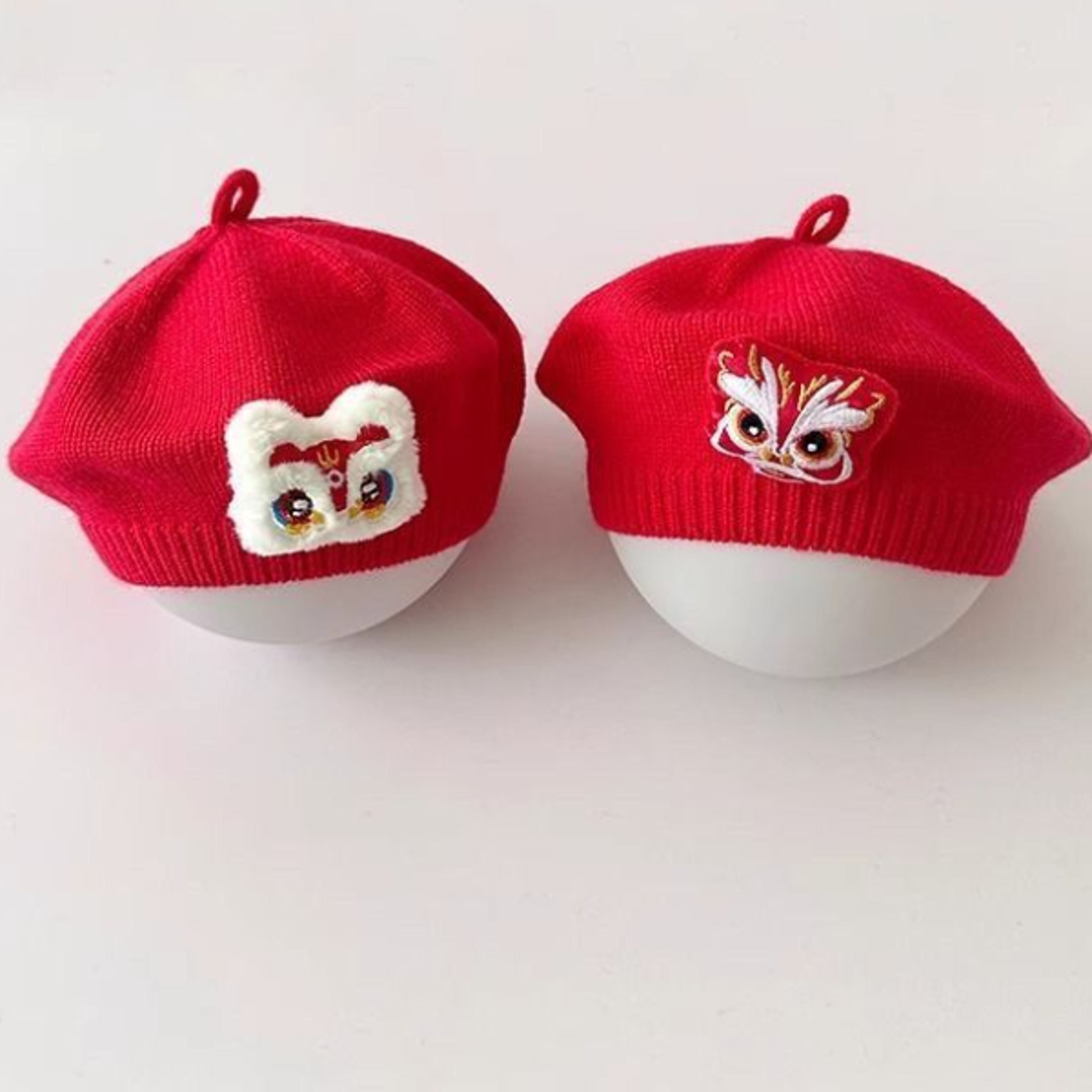 knitted wool baby beret hat red solid color for winter and christmas photo shoot
