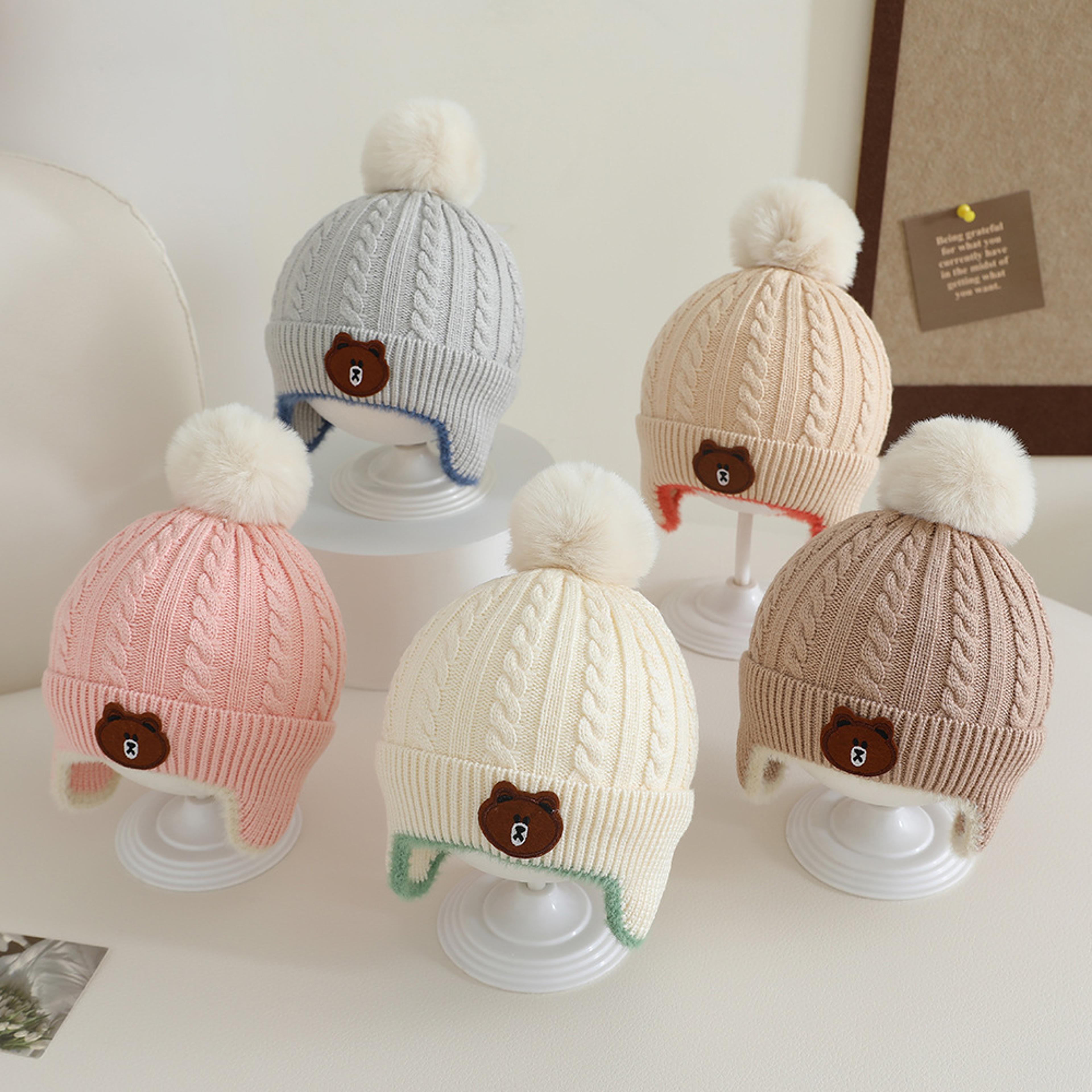 new knitted baby hat autumn winter, girls boys toddler bear pompom hat, outdoor warm ear protection hat