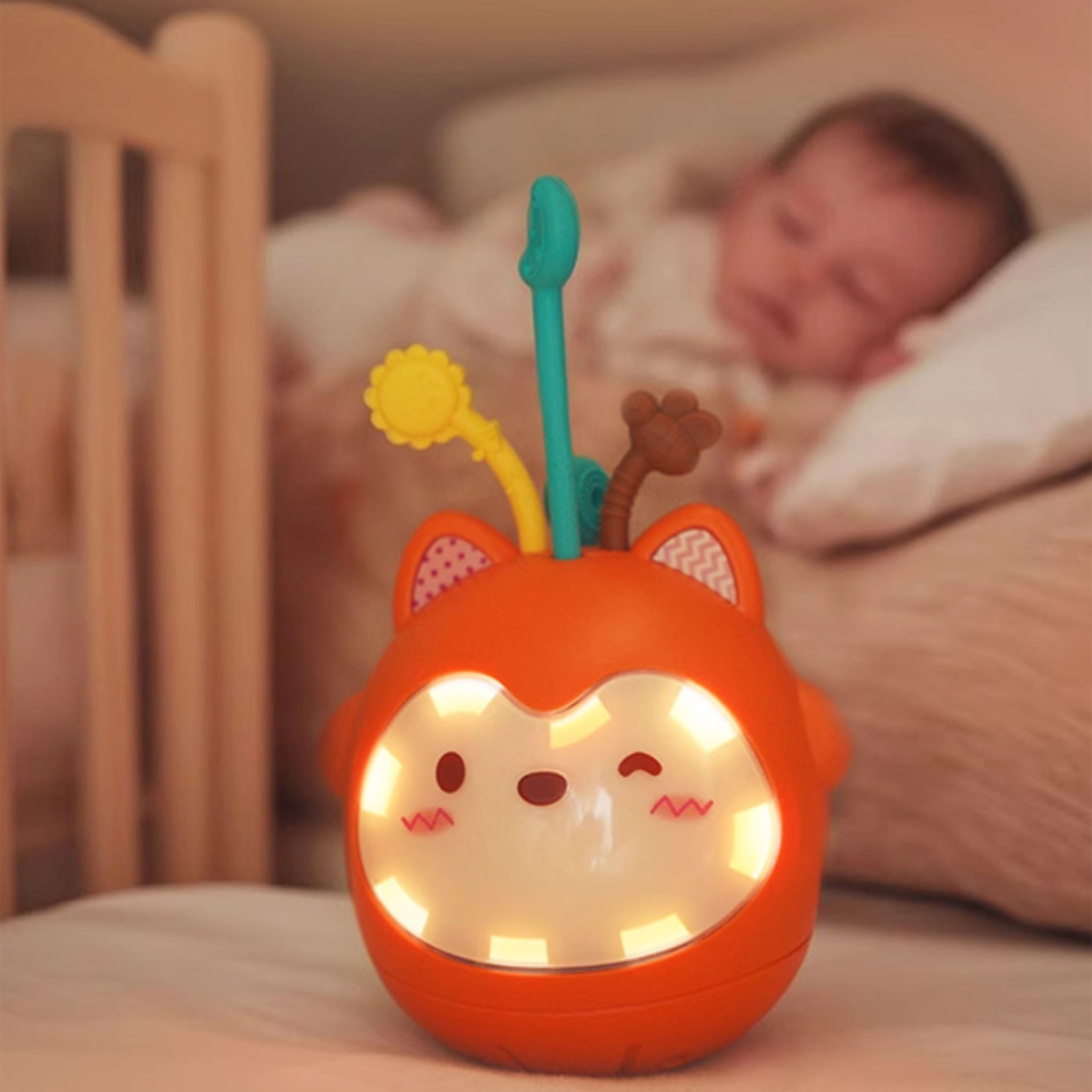 head up training baby teether toy with sound and light, little fox crawling bumbler gift