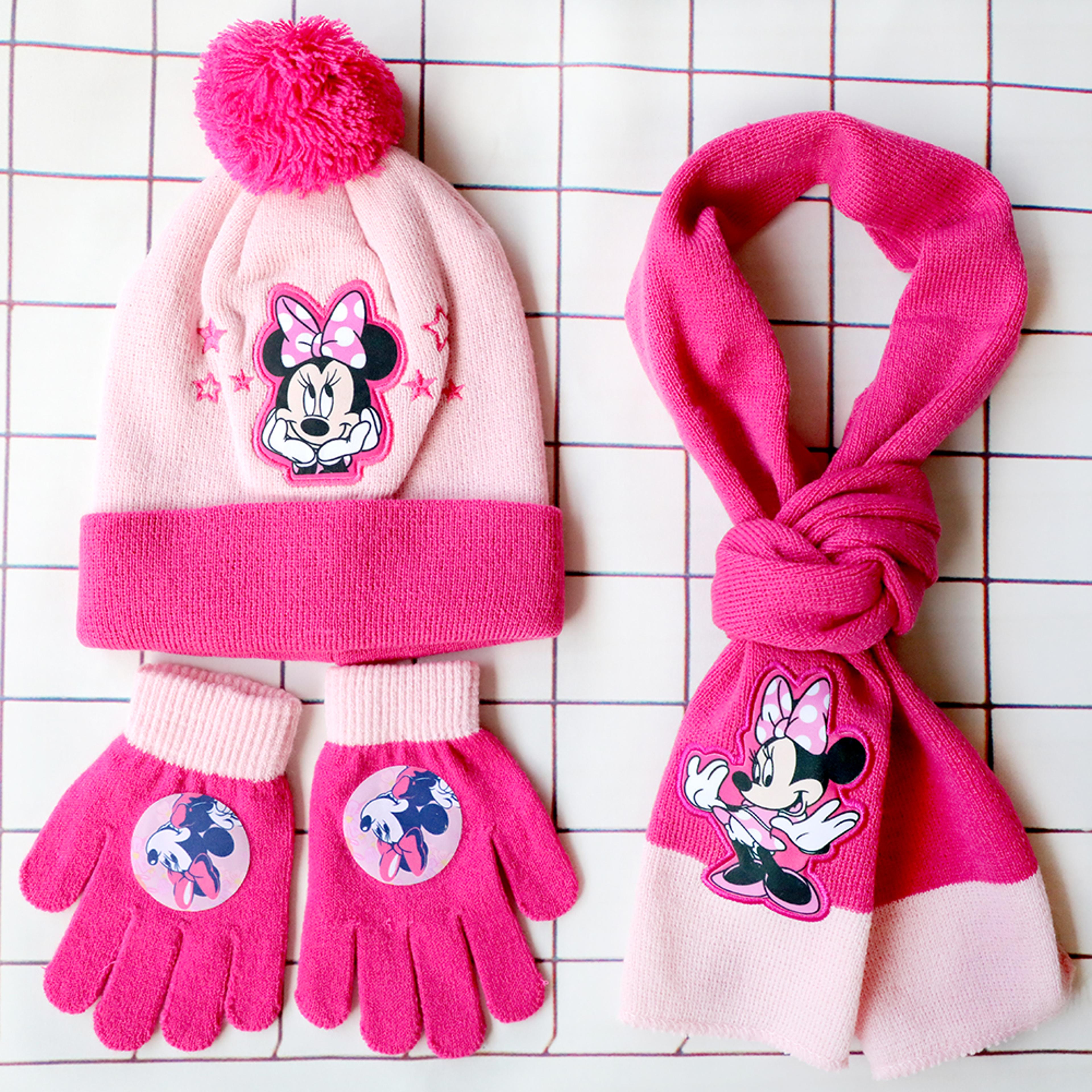 cute disney minnie hat scarf gloves set, warm winter gift for boys and girls