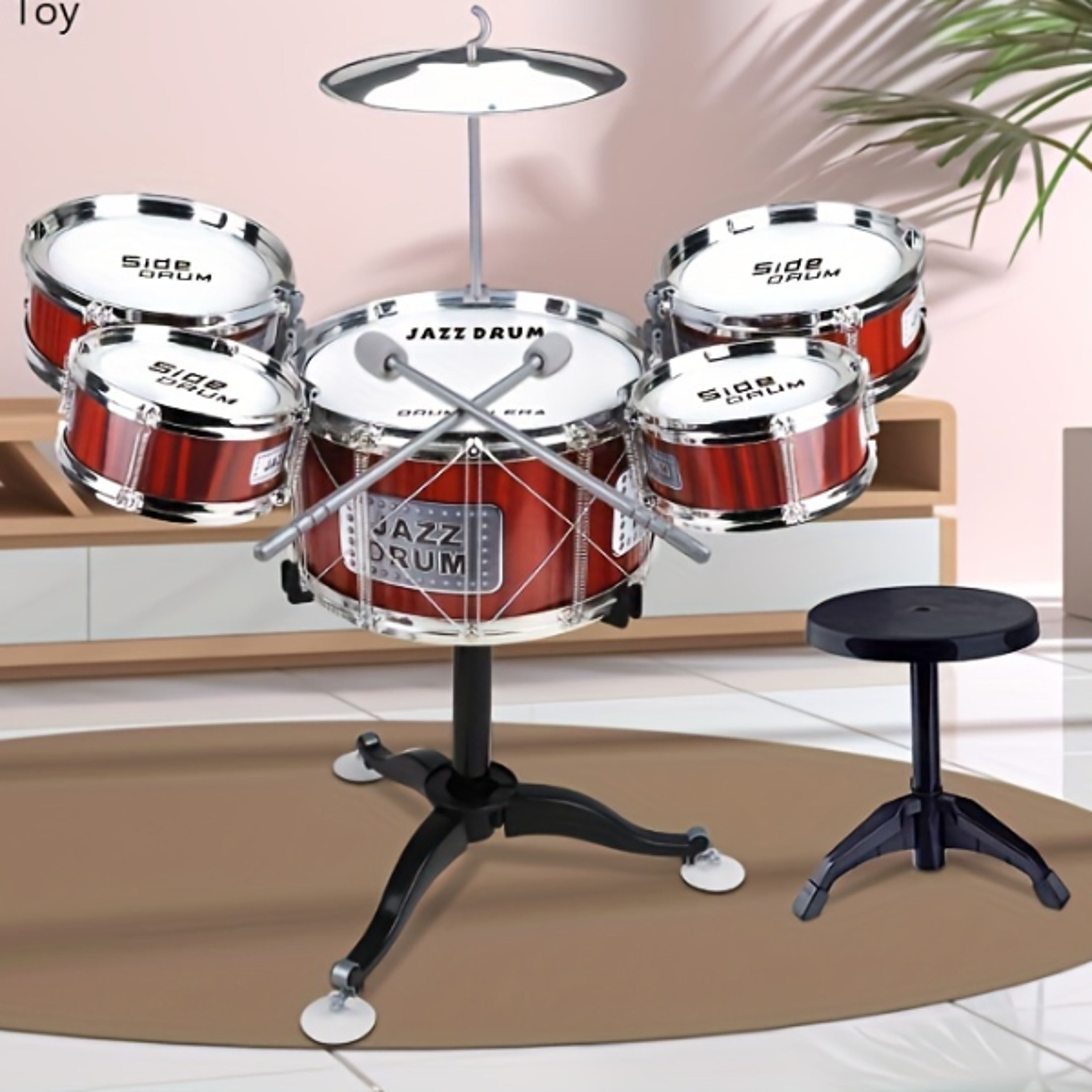 jazz drum set with stool, kids drum kit for toddlers, musical toy drums, cymbal, sticks