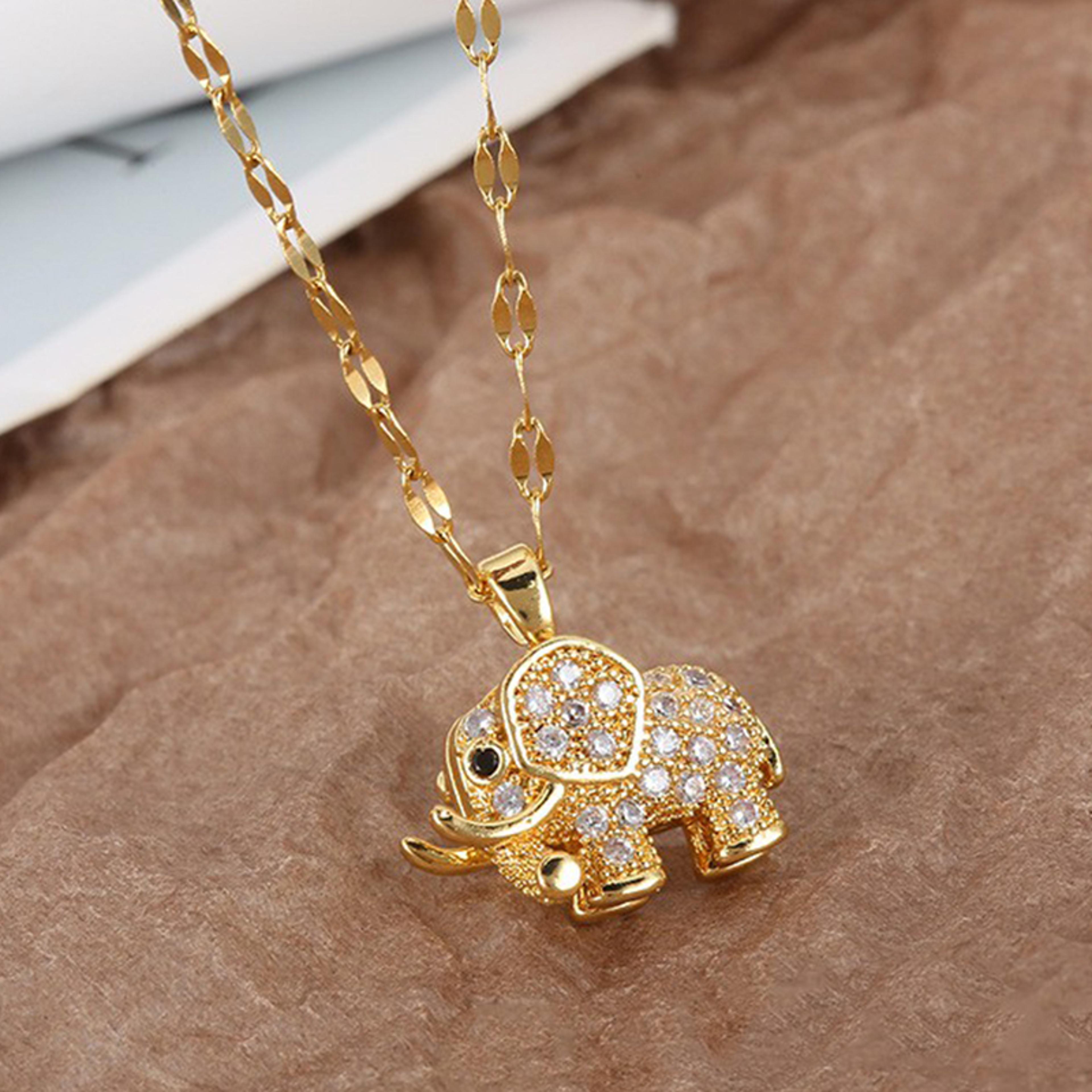golden copper elephant pendant, cubic zirconia necklace, cute jewelry for women and men, daily party wear