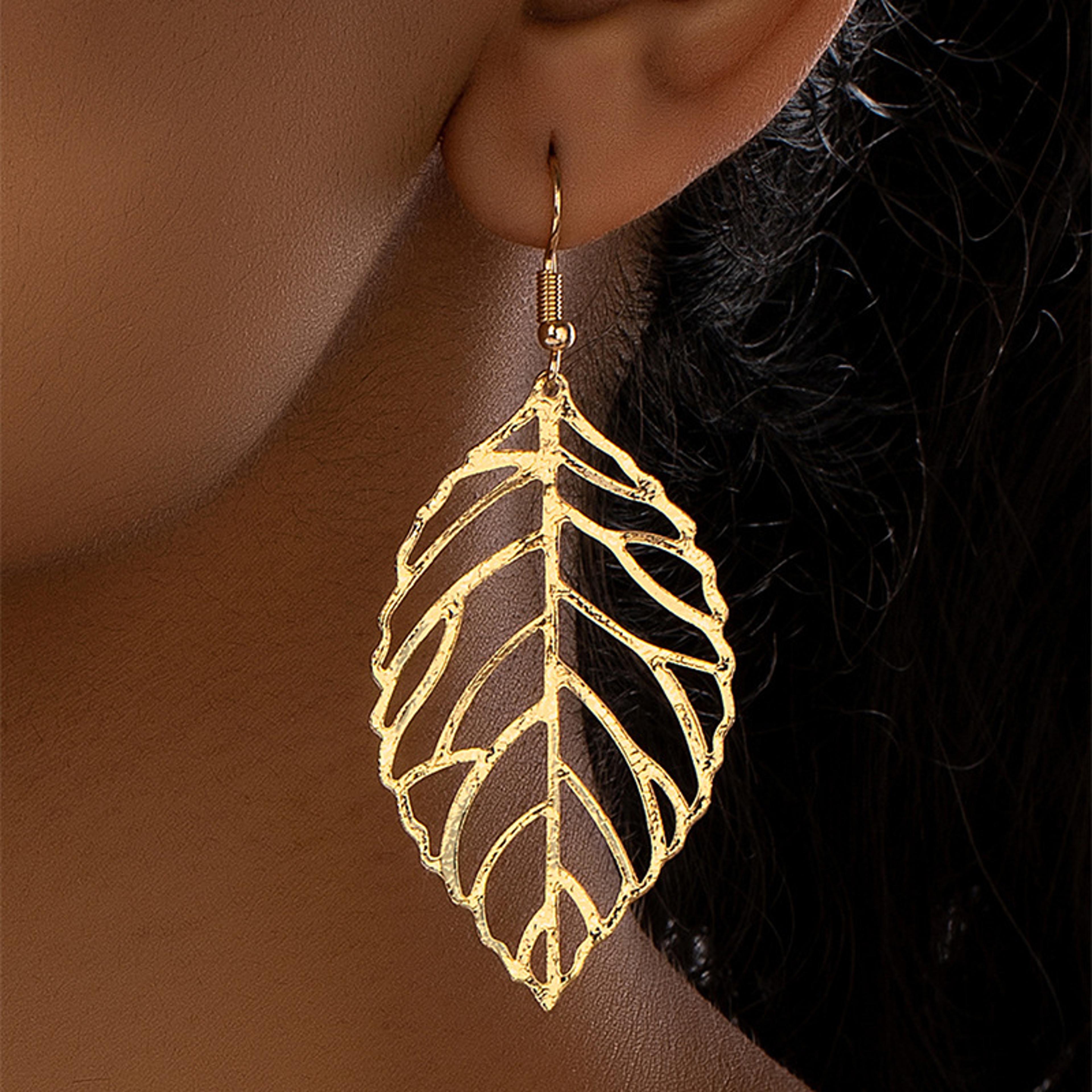 trendy ear accessories with brief hollow out leaves dangle earrings, vintage silver golden color jewelry