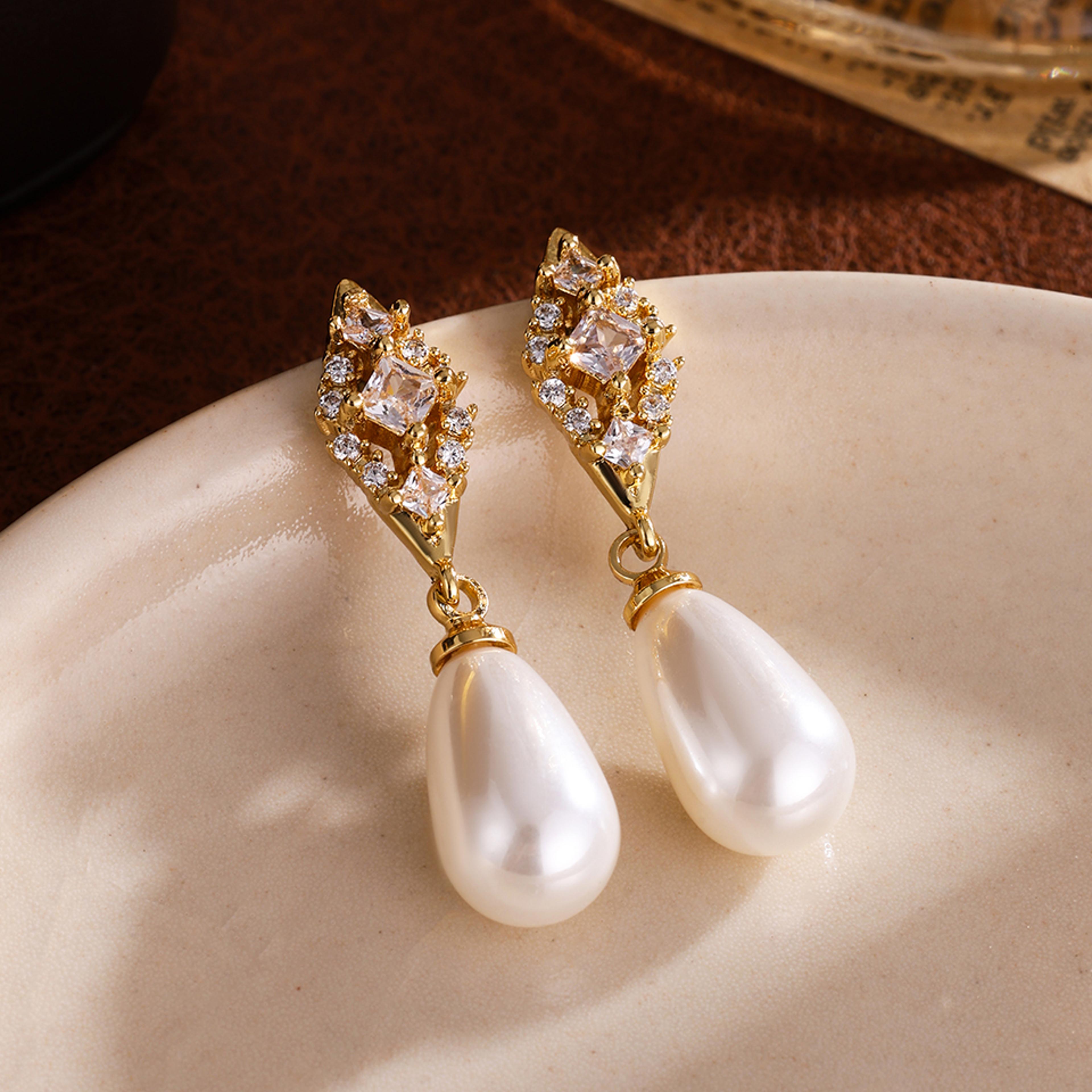 pearls bridal earrings, fashion geometric zircon teardrop jewelry, silver gold color accessories for banquet party