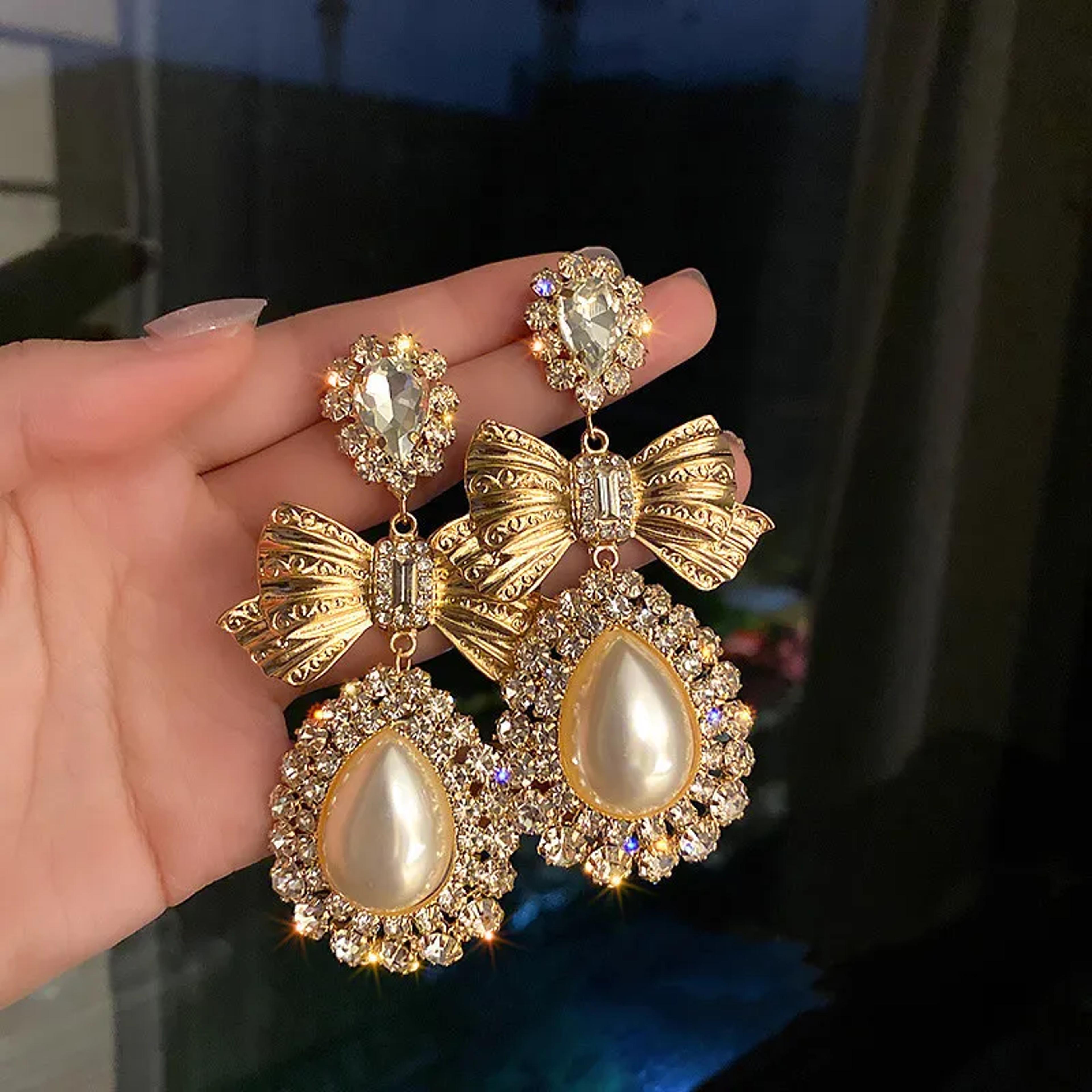 oversize water drop pearl earrings, vintage gold bowknot crystal statement jewelry dangle earrings statement jewelry