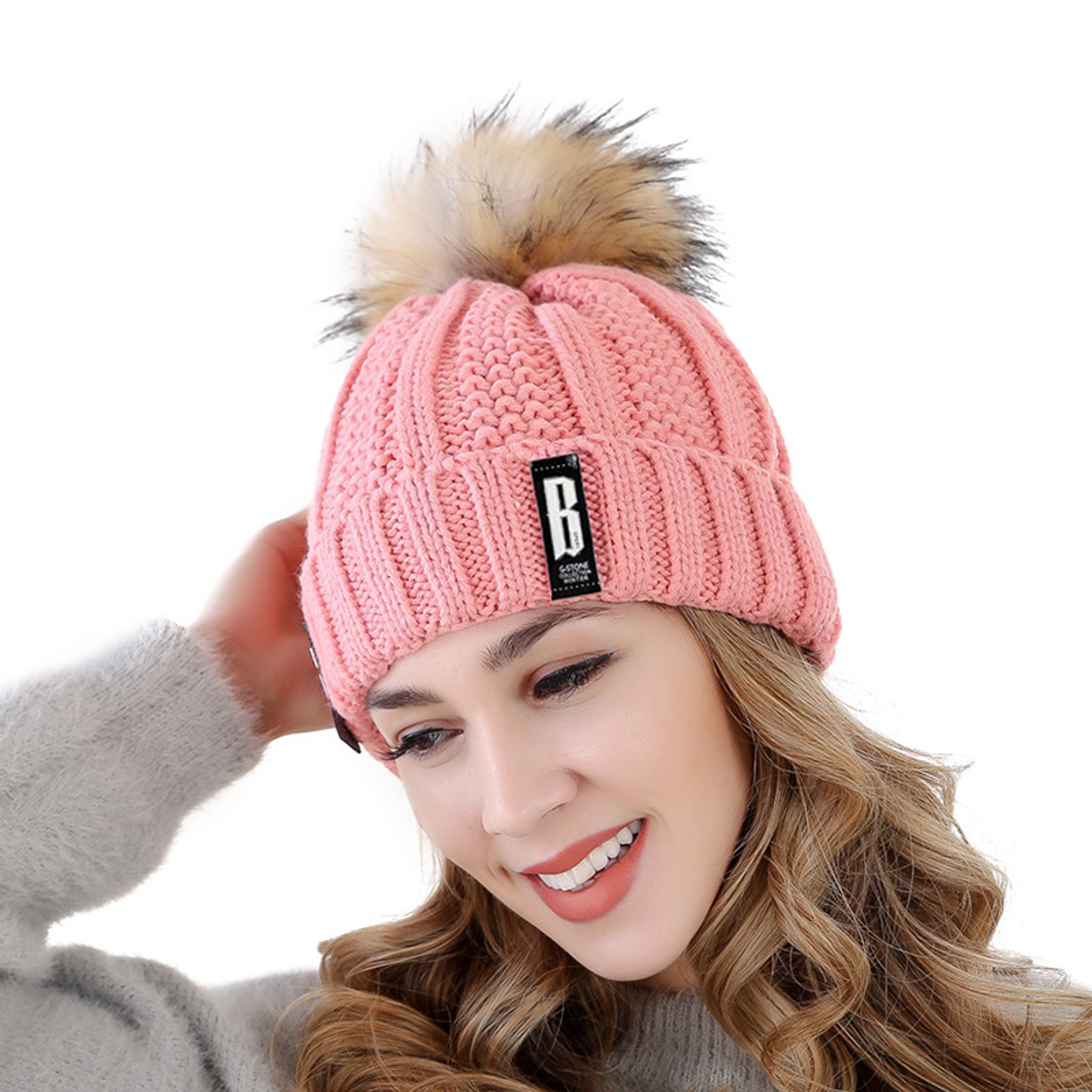 new women hat, high-quality winter wool beanie with add fur lined pompoms for streetwear