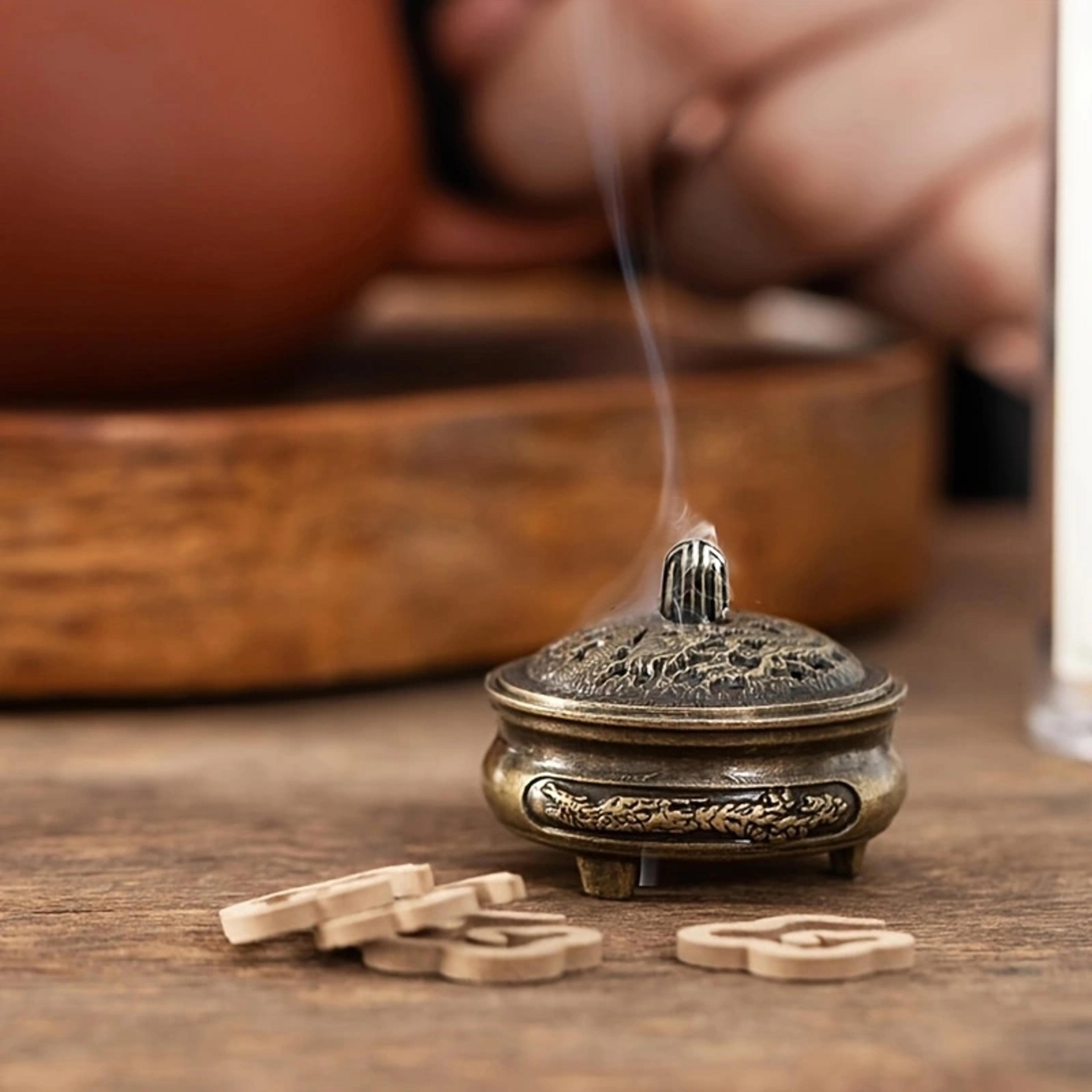 mini hollow brass pocket incense burner, antique ornament for tea tables, dragon and phoenix decoration