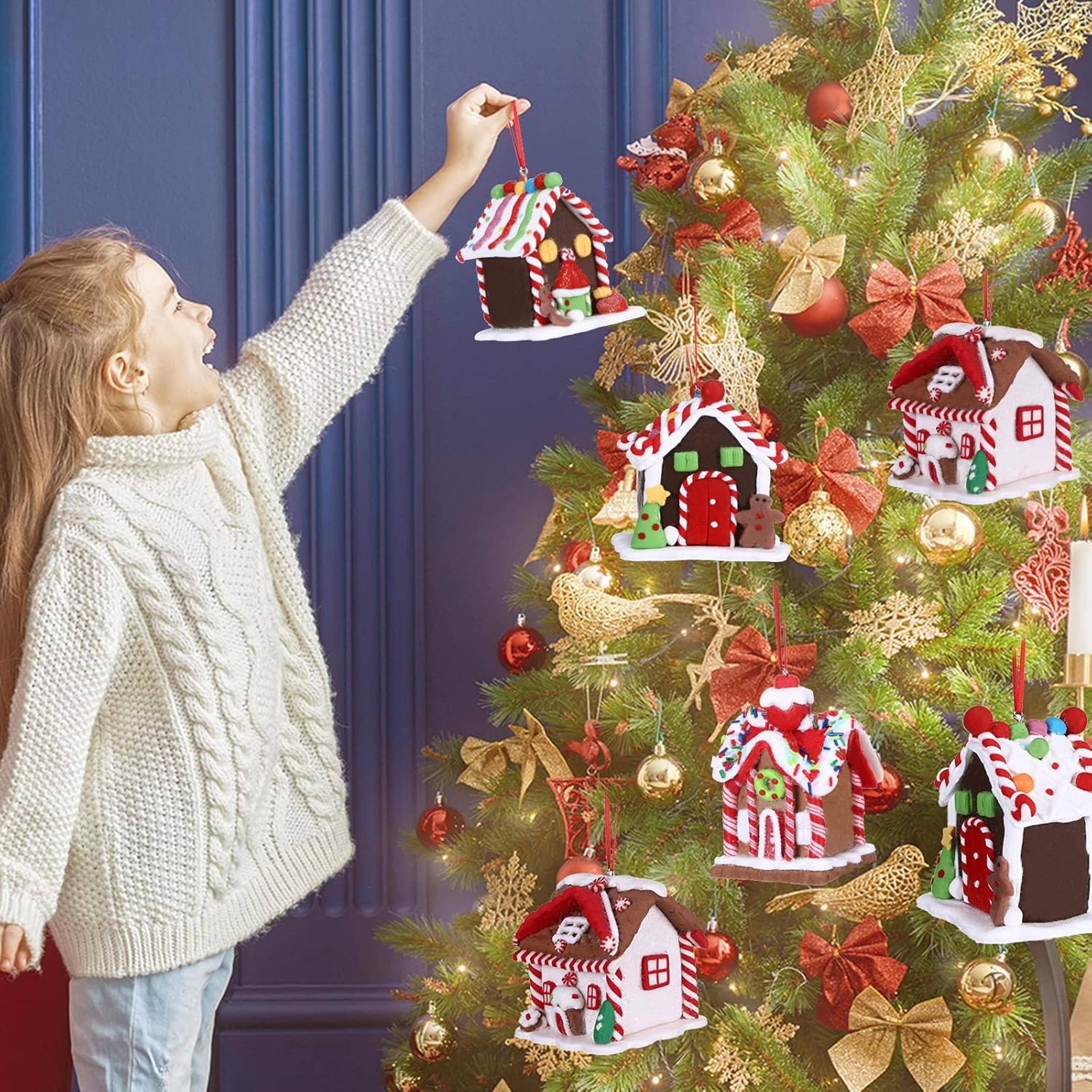 Holiday Gingerbread Christmas Tree Ornaments Set 5pcs House Decor With Rope 10