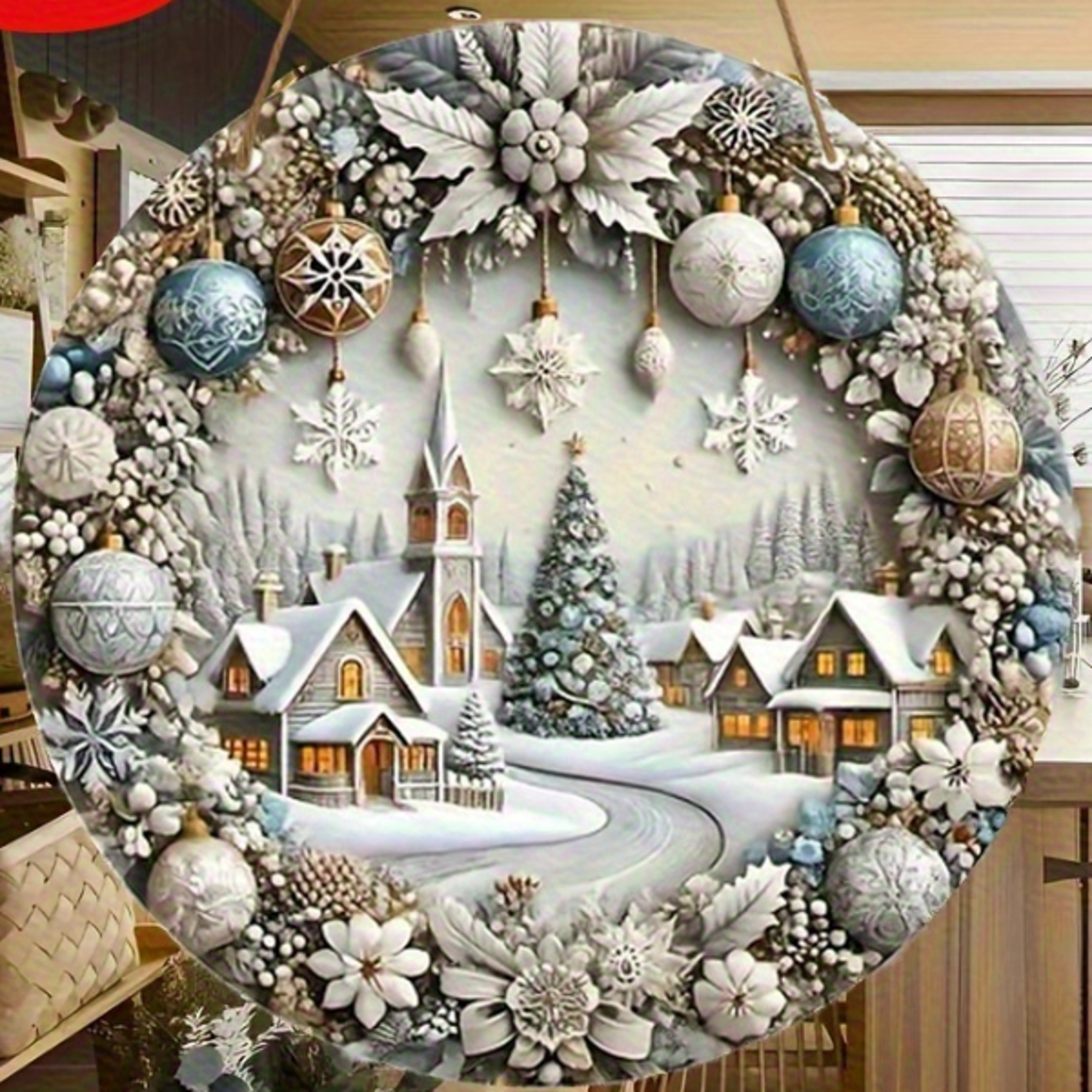 christmas wreath sign, winter wooden sign with ice and snow effect, front door wall hanging decor for christmas town