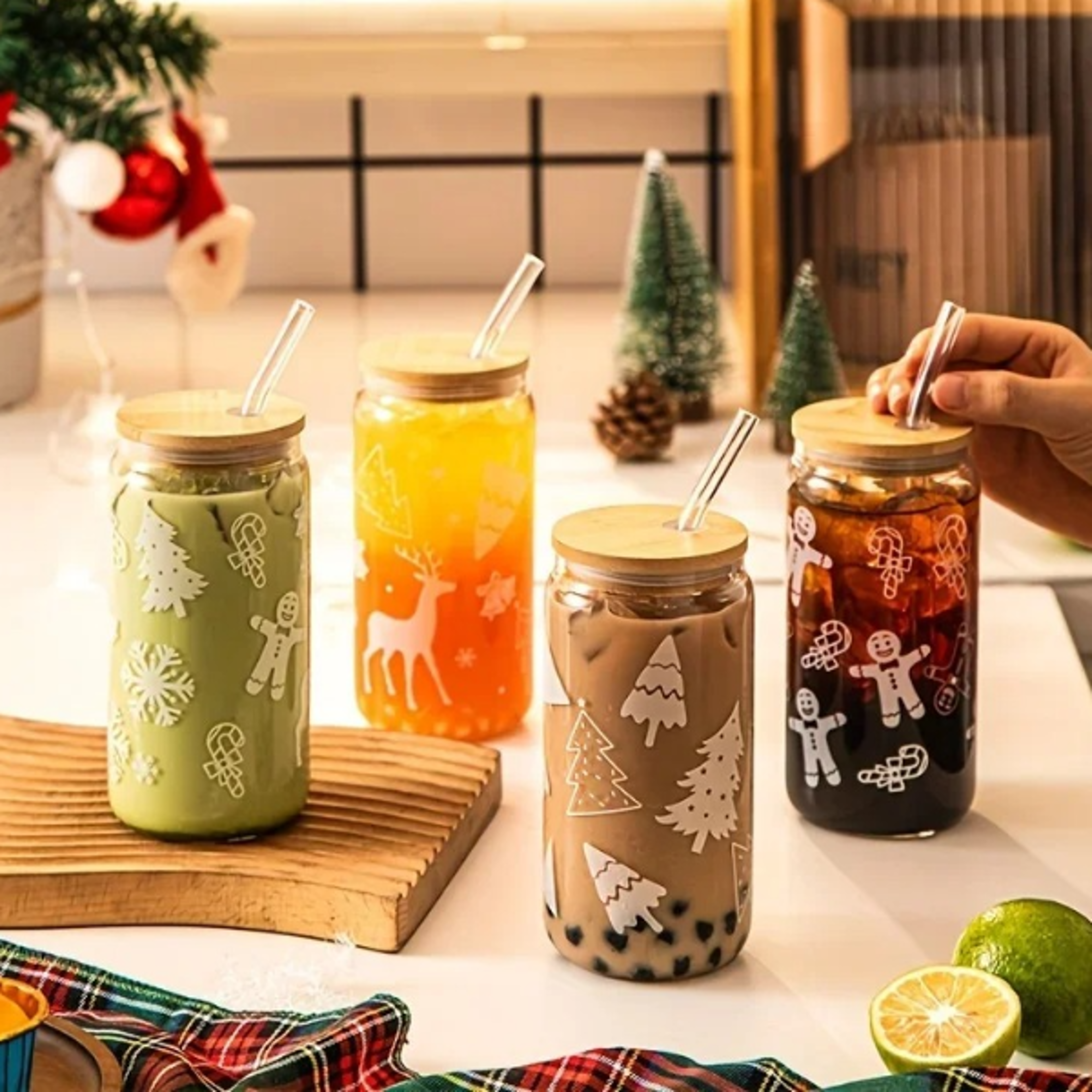 christmas glass cup beer can , coffee mug with lid and straw, xmas tree elk tumbler drinkware gifts