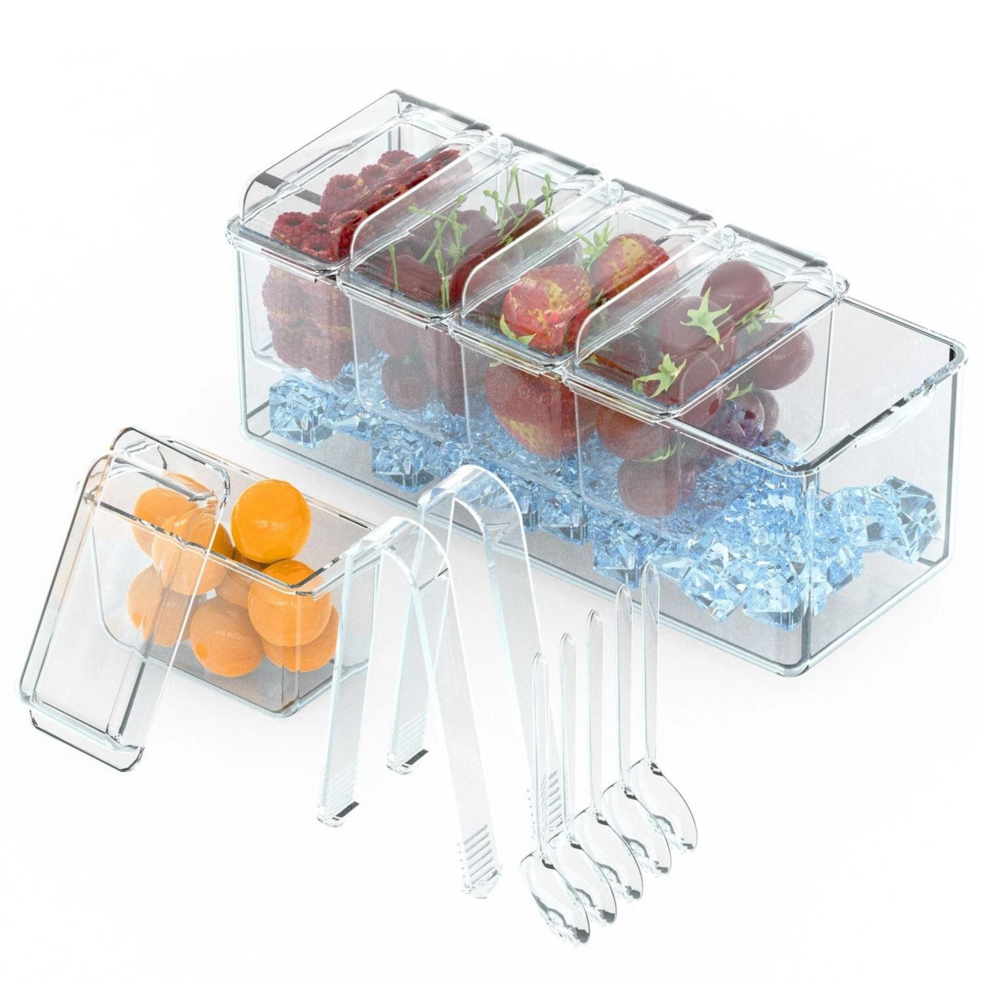 ice chilled condiment caddy, serving tray container, bar garnish holder, transparent summer food tray set