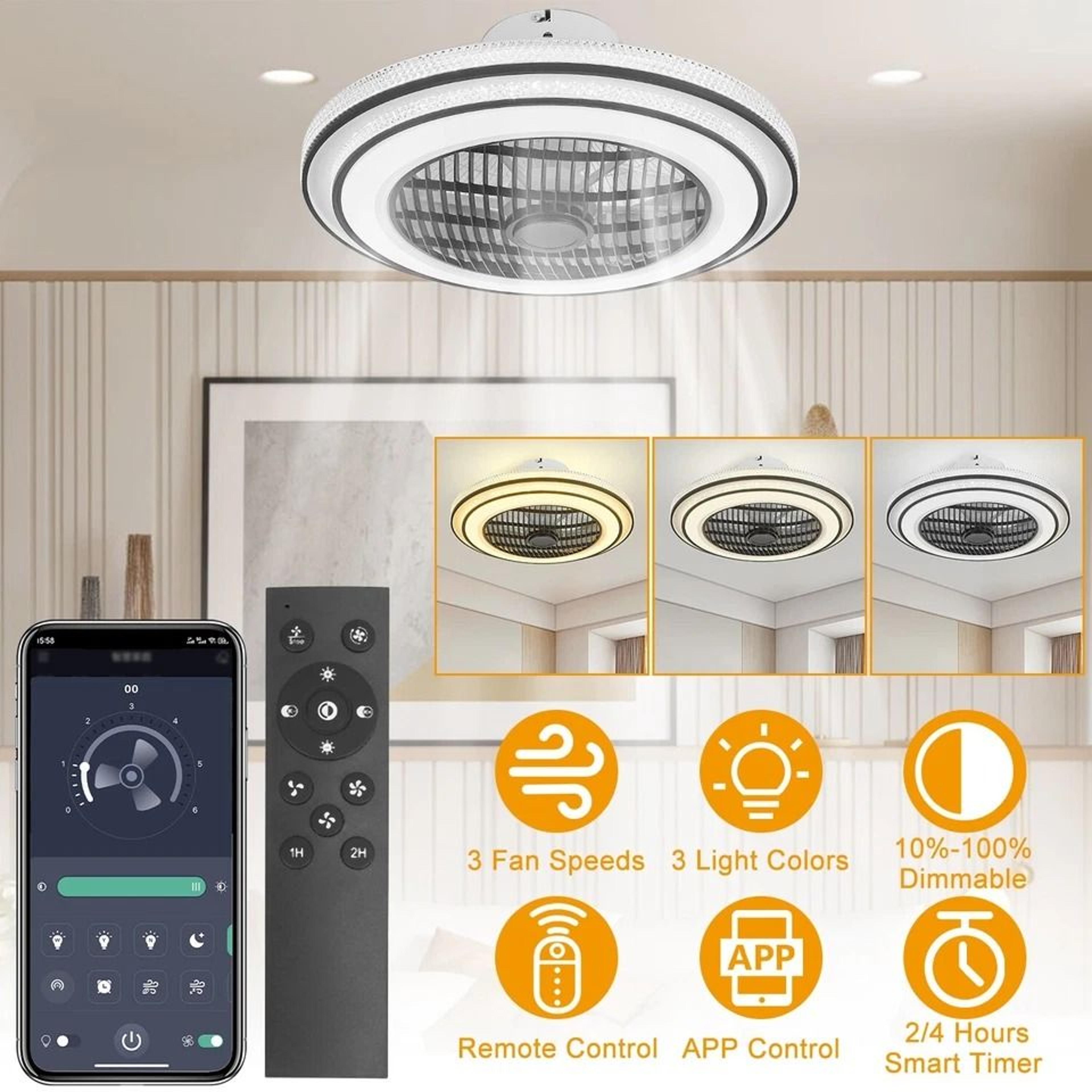 LED Ceiling Fan Lamp Modern Pendant Light With Remote Control Adjustable Speed Dimmable Light 3