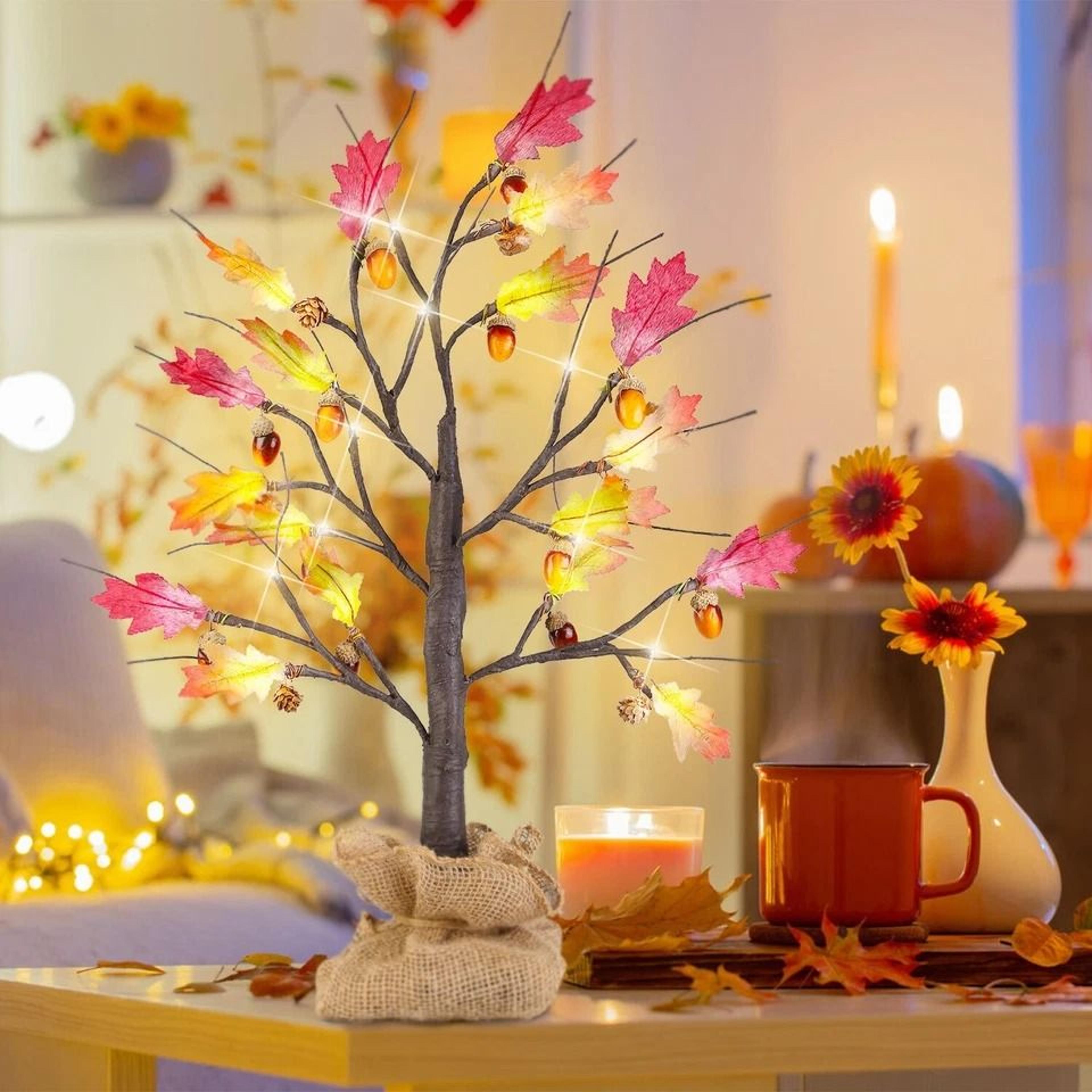 Lighted Maple Tree Warm White LED Beads Artificial Fall Tree For Thanksgiving  Autumn Home Decor 3