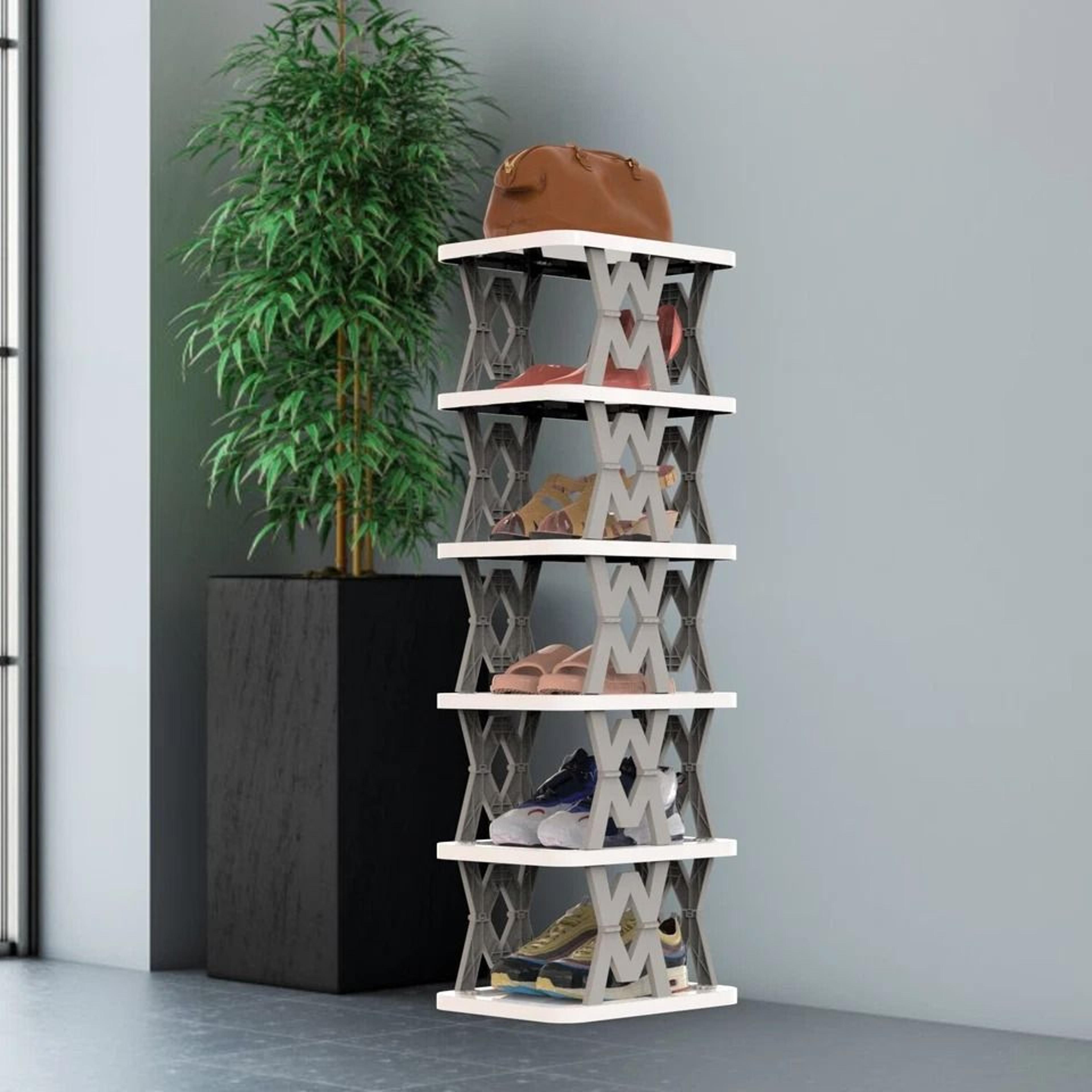 vertical shoe rack, foldable grey shoe storage, tier narrow shelf for boots, flats, high heels – compact, space-saving
