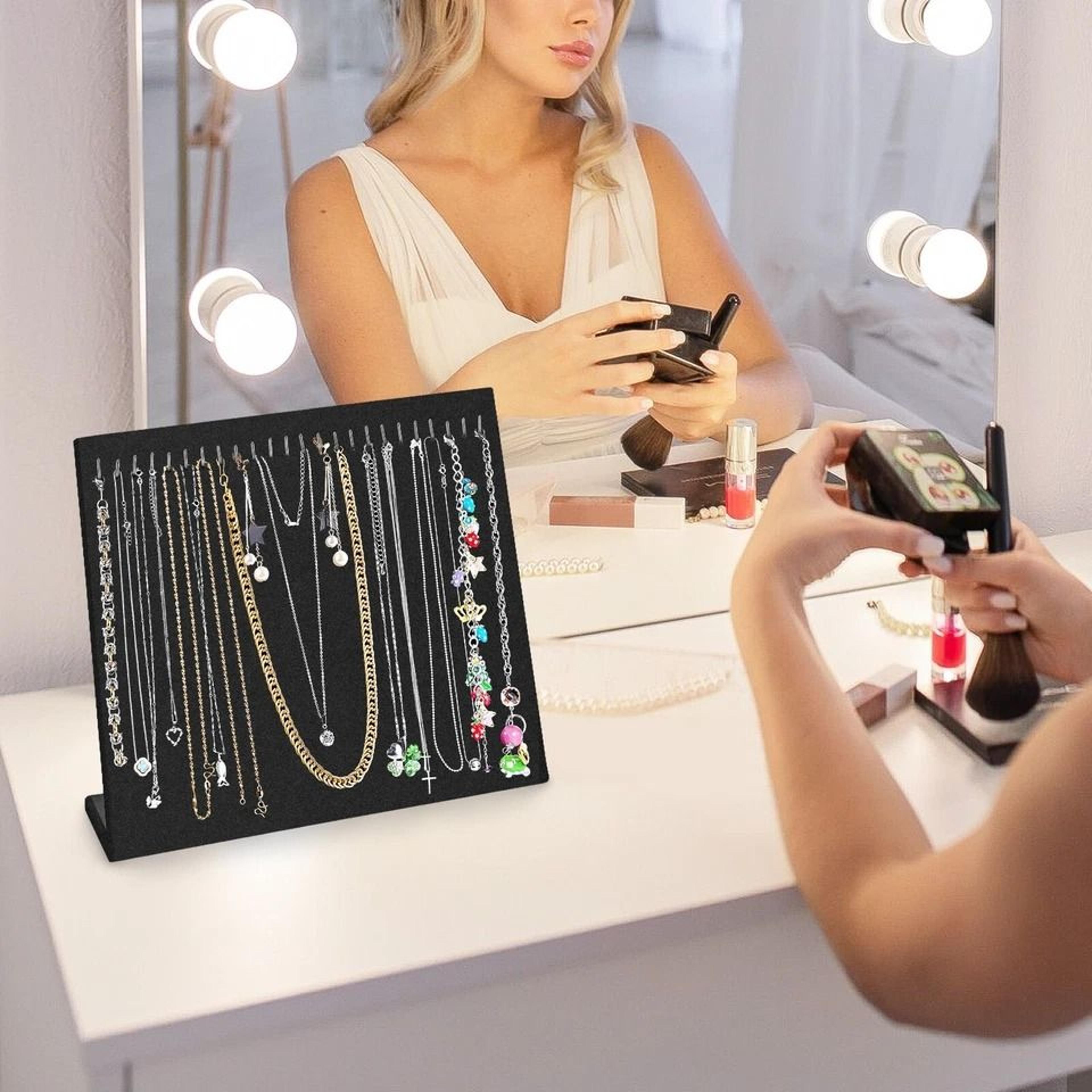 jewelry display stand, velvet necklace holder tray, chain organizer with hooks for necklaces, bracelets, anklets