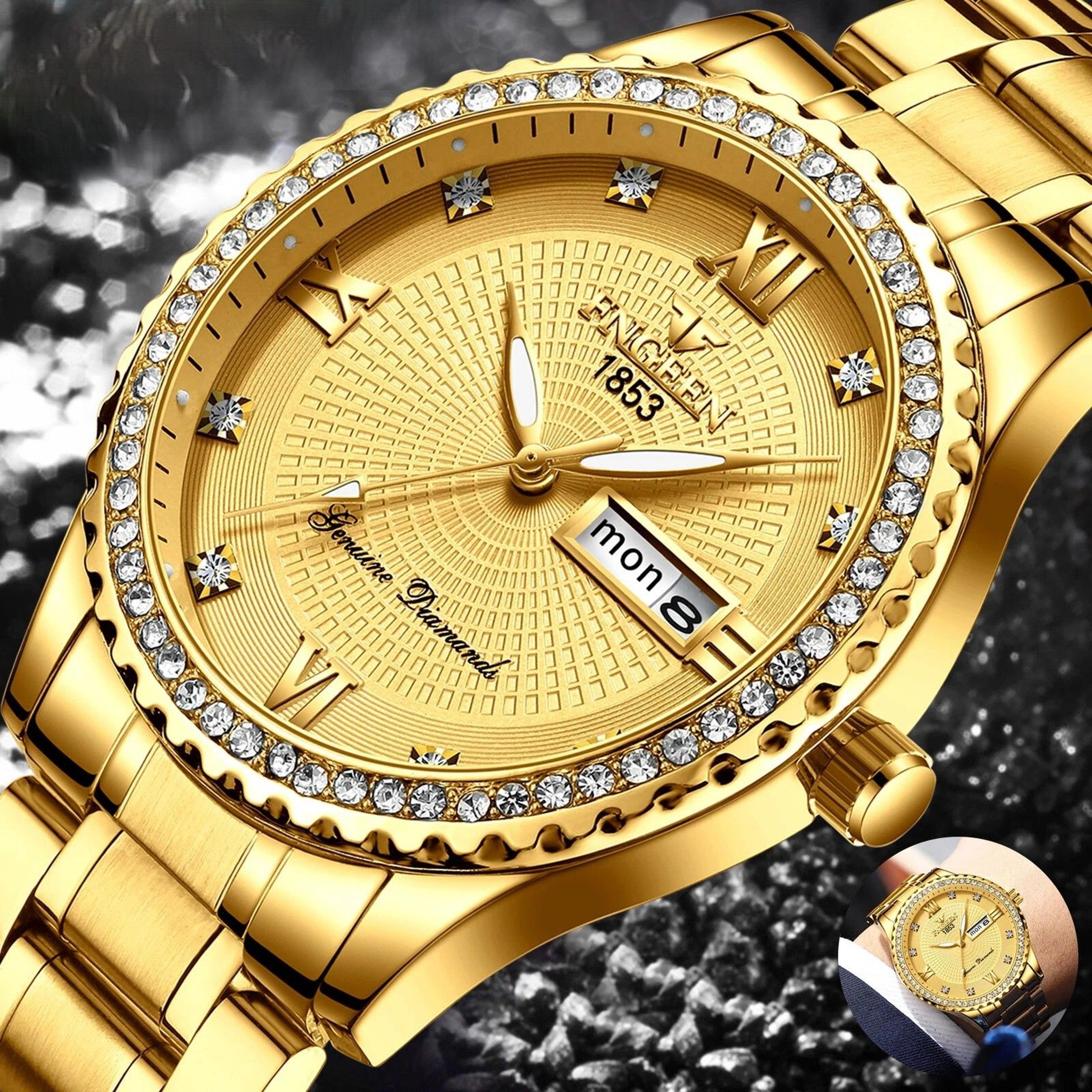 stainless steel quartz watch for men, waterproof luxury, gold classic analog design, business gift for him