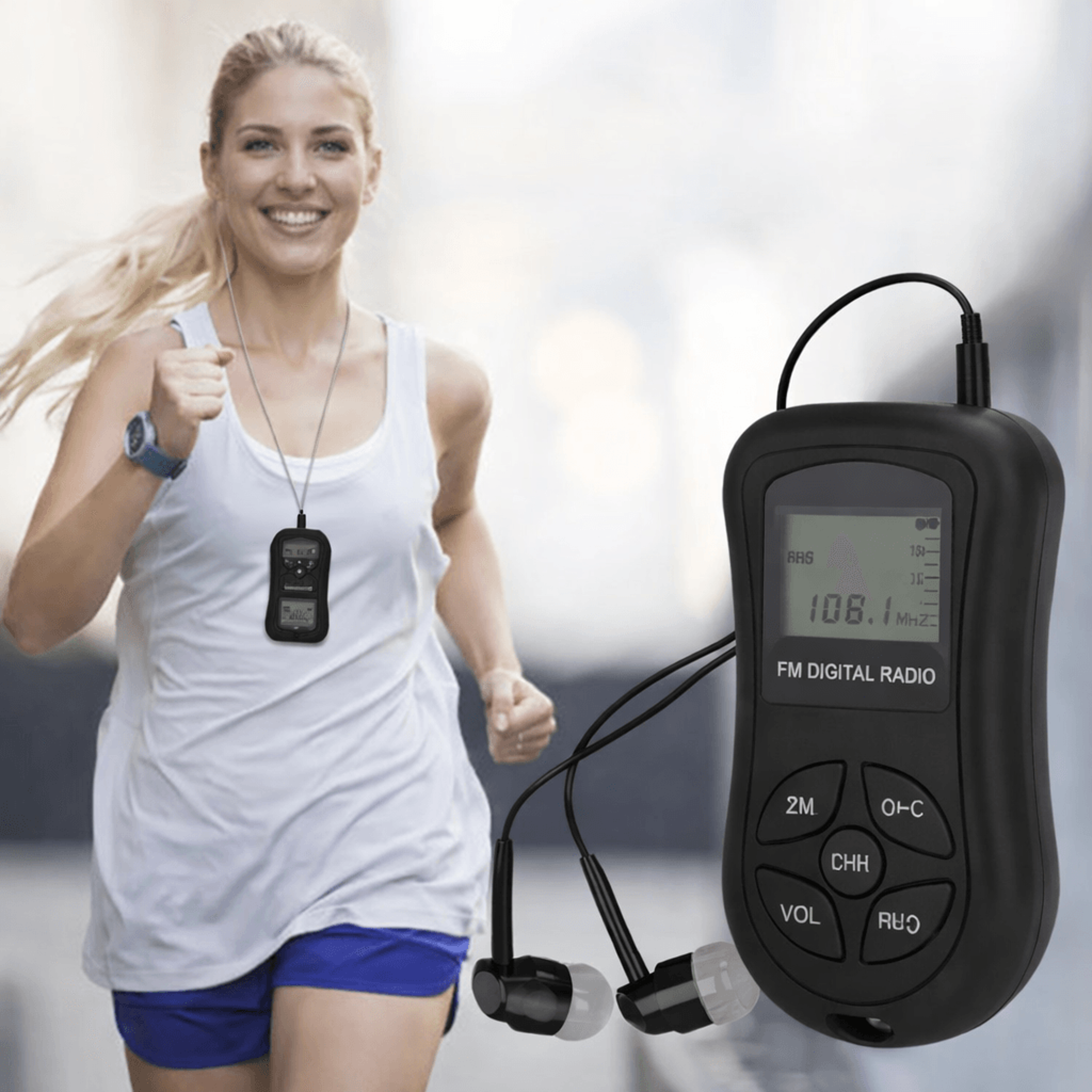 portable pocket digital fm radio, lcd stereo receiver with neck strap, earphone for personal listening
