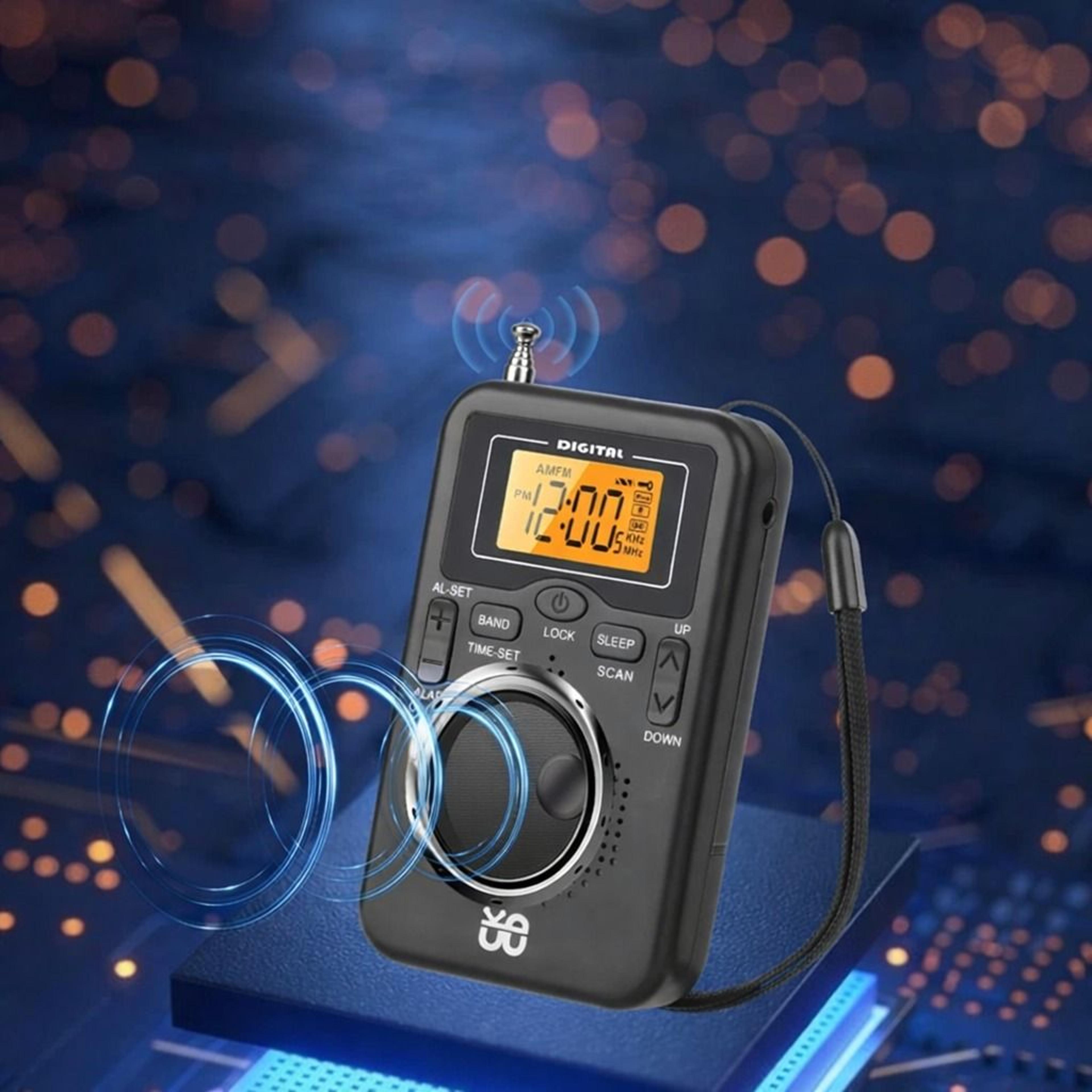 compact pocket am fm radio, digital lcd screen, loud speaker, battery-powered, portable for sports, travel