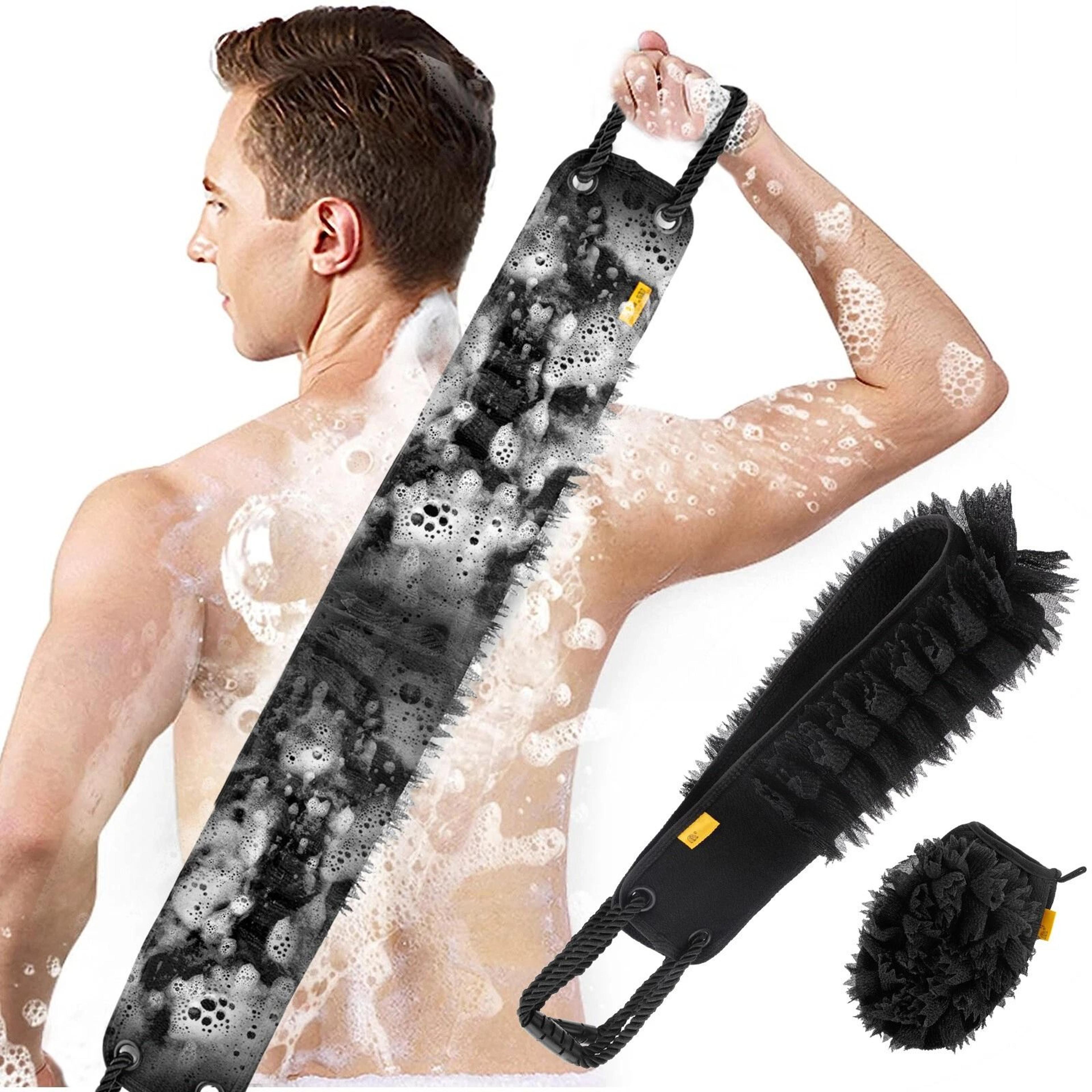 exfoliating back scrubber, double-sided body scrub towel, bath exfoliator with ergonomic handle