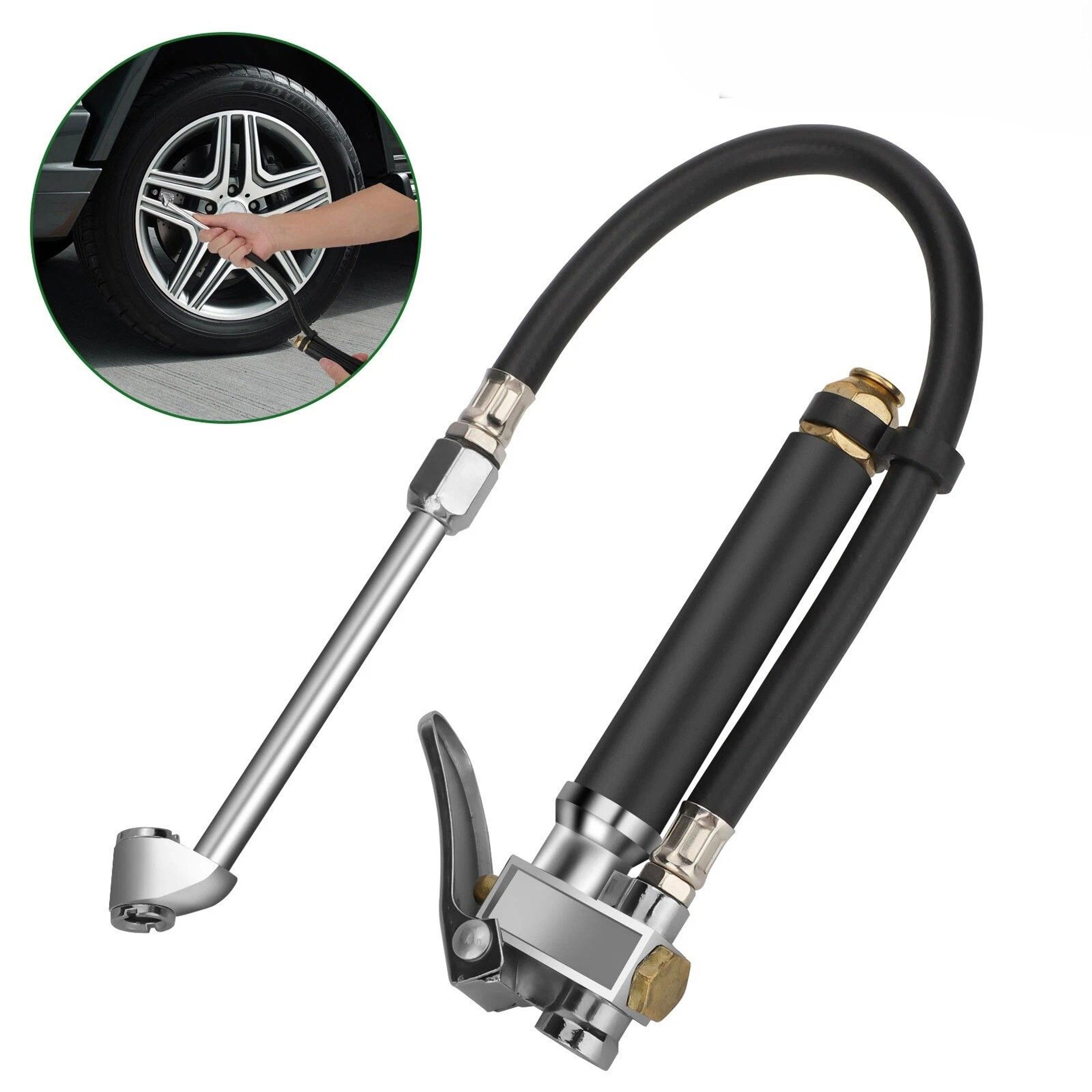 tire inflator with pressure gauge, dual head air chuck for easy inflation, heavy-duty hose