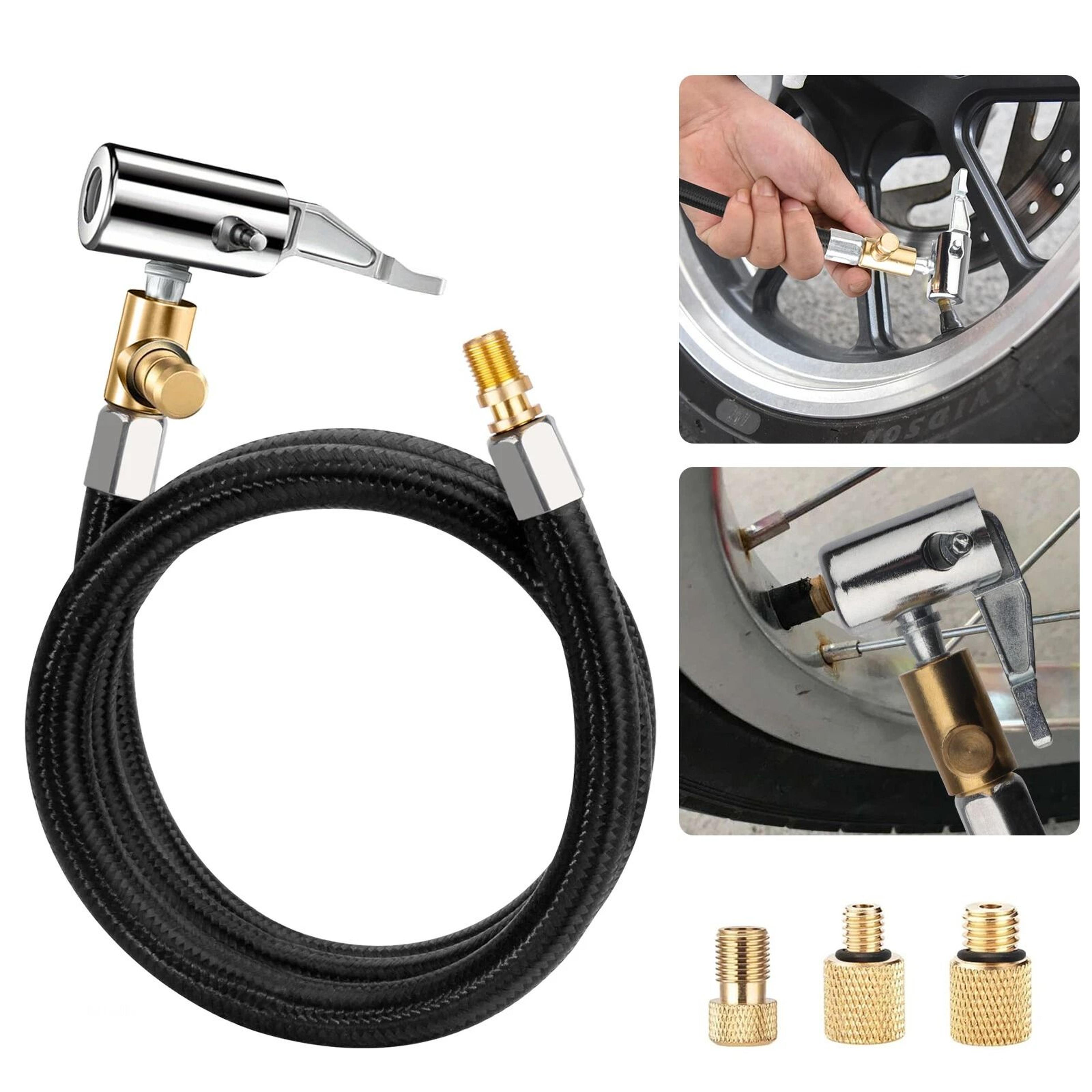 tire inflator hose extension adapter for schrader valves, compatible with cars, motorcycles, bikes