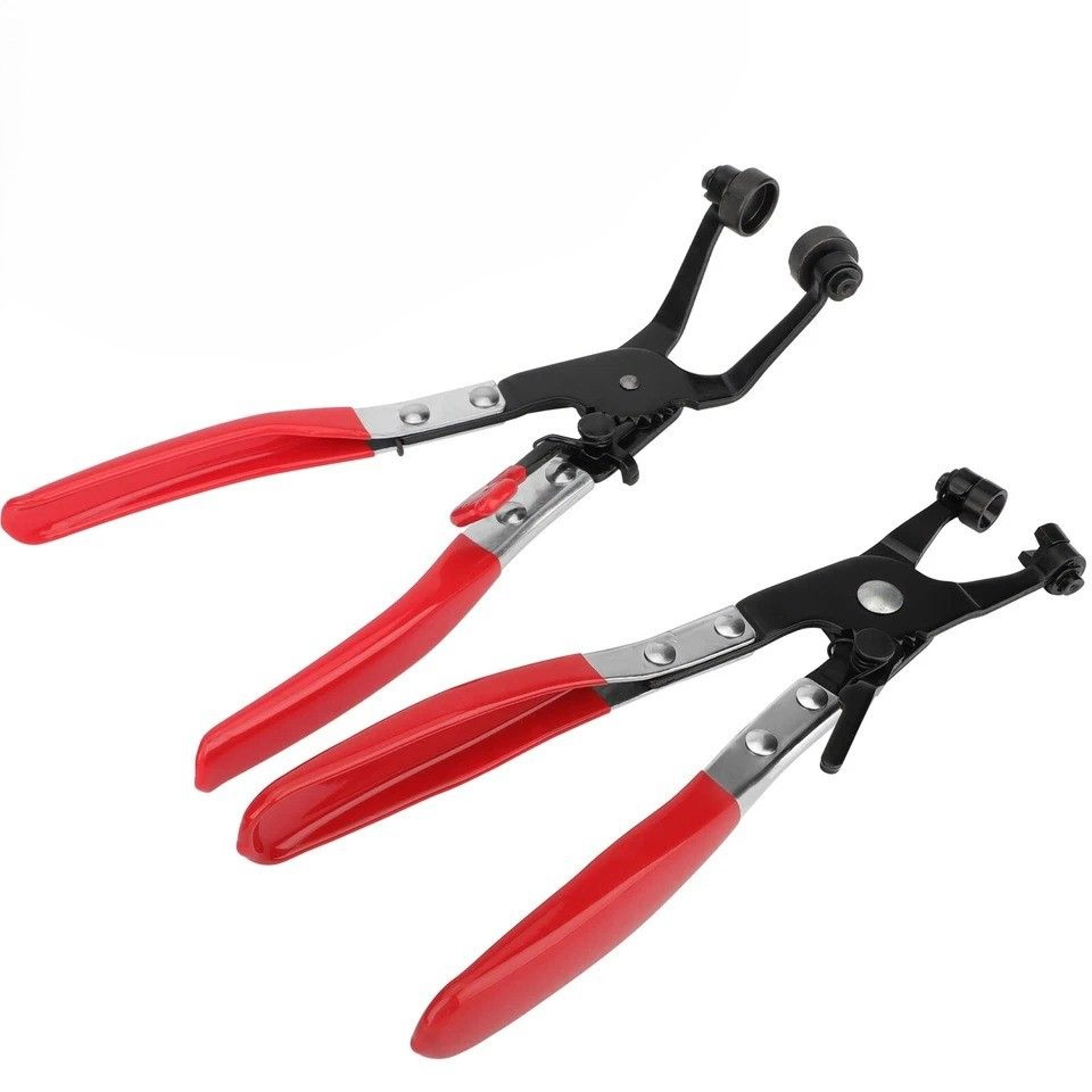 hose clamp plier with swivel jaw locking mechanism, flat band angled for automotive and industrial use