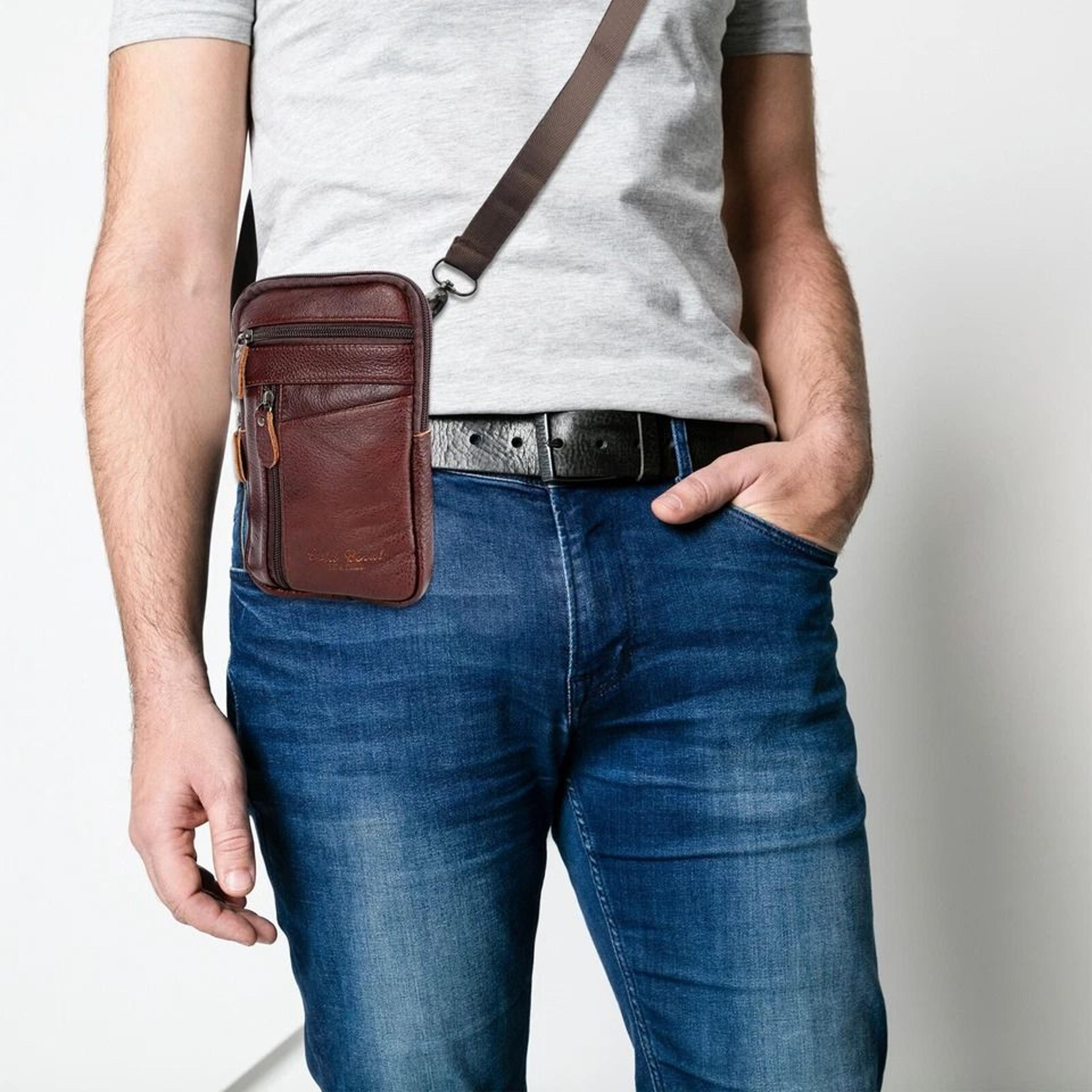 fashion leather vertical men's phone pouch, belt bag shoulder crossbody waist pack for smartphones