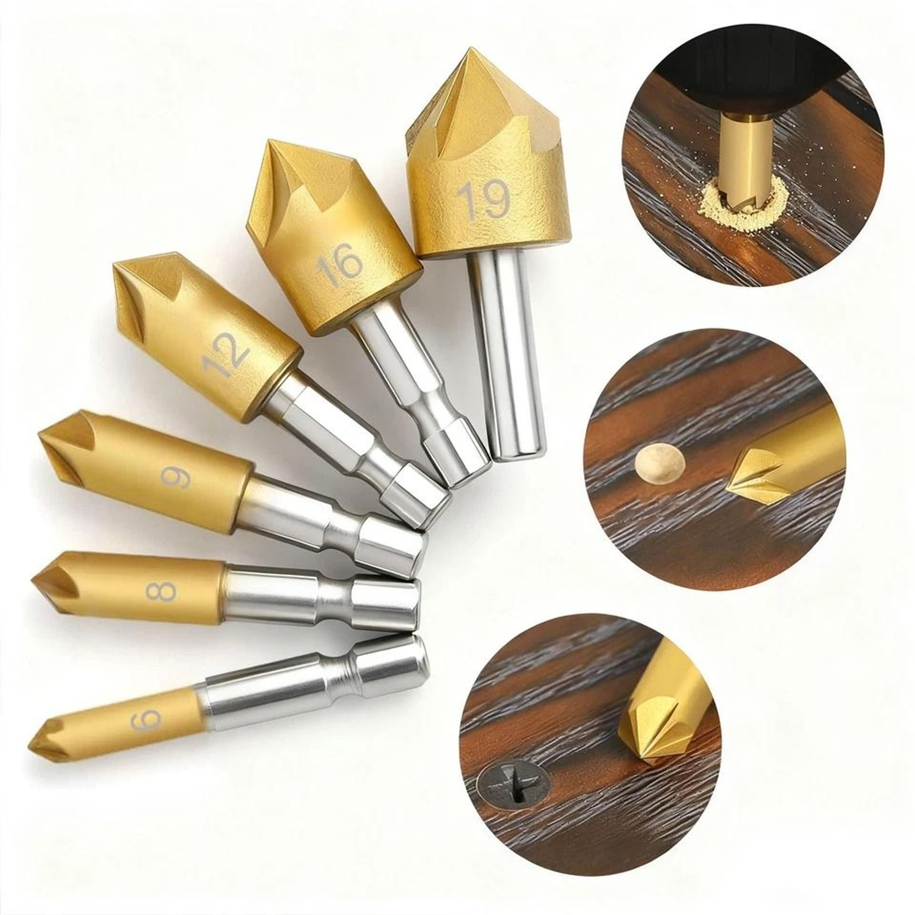 countersink drill bit set, hex shank flute, chamfering tool for woodworking, plastic, metal