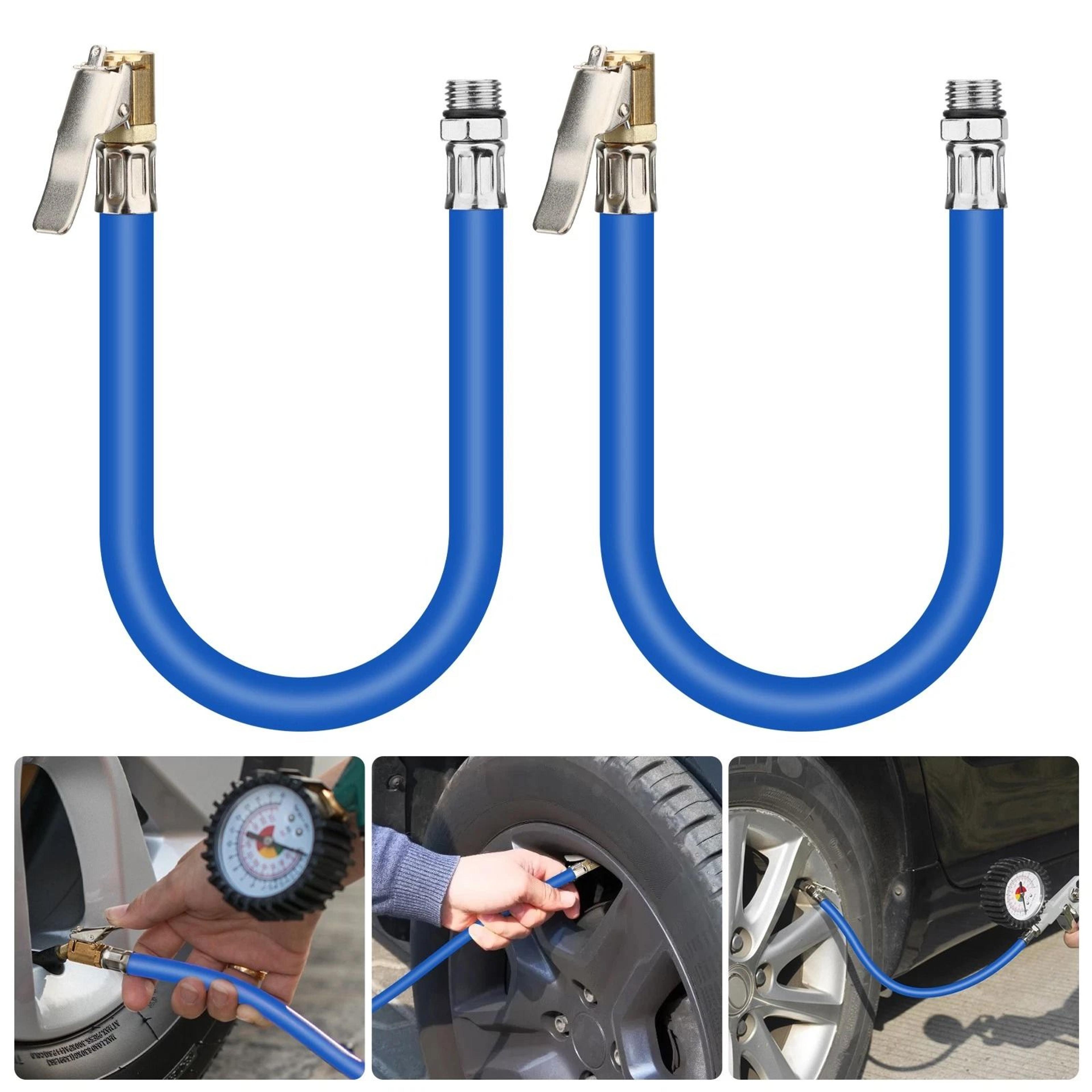 tire inflation hose with self-locking clamps, rubber extension, for car, motorcycle, bicycle use