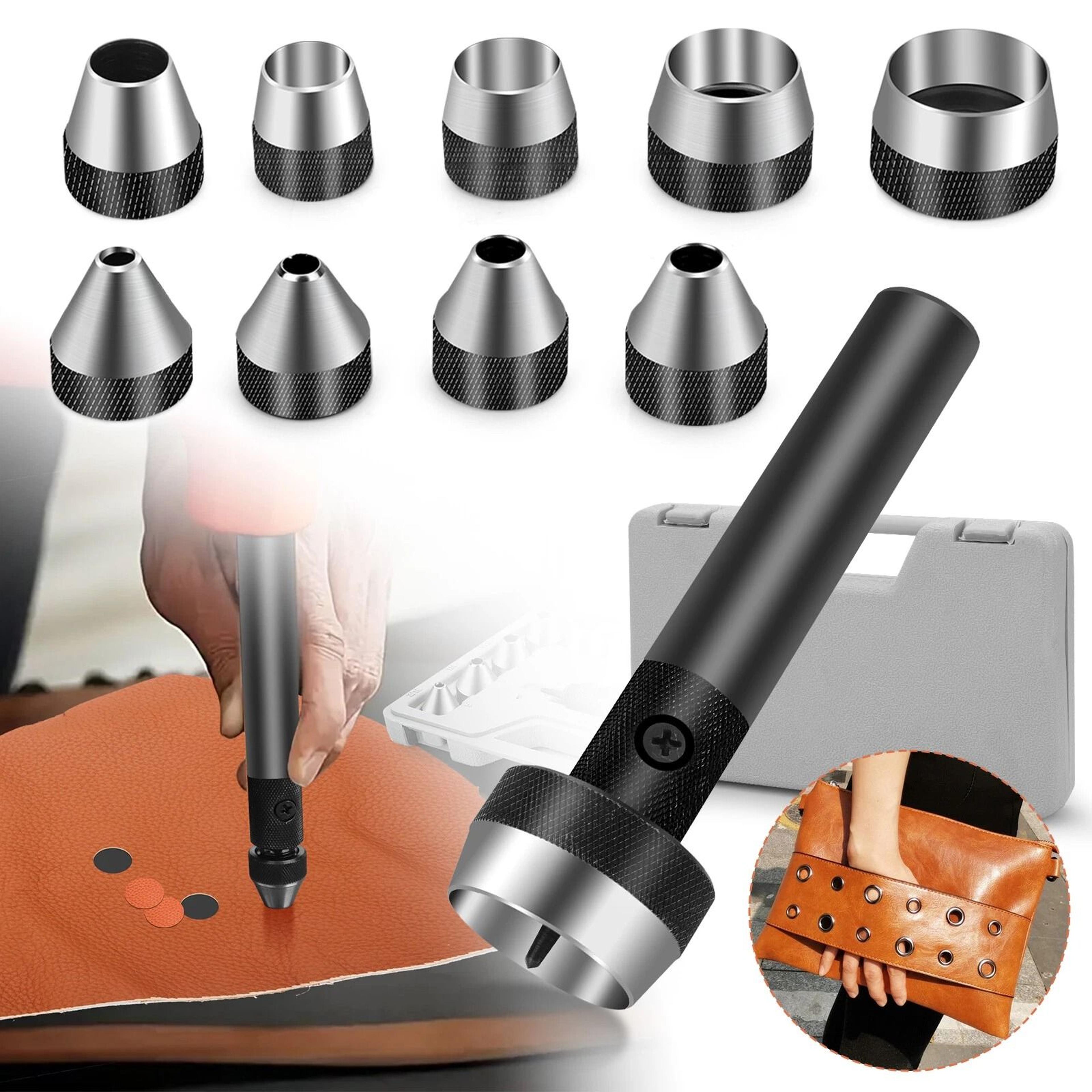 heavy duty leather hollow hole punch diy craft hand tools box, steel construction, comfortable grip