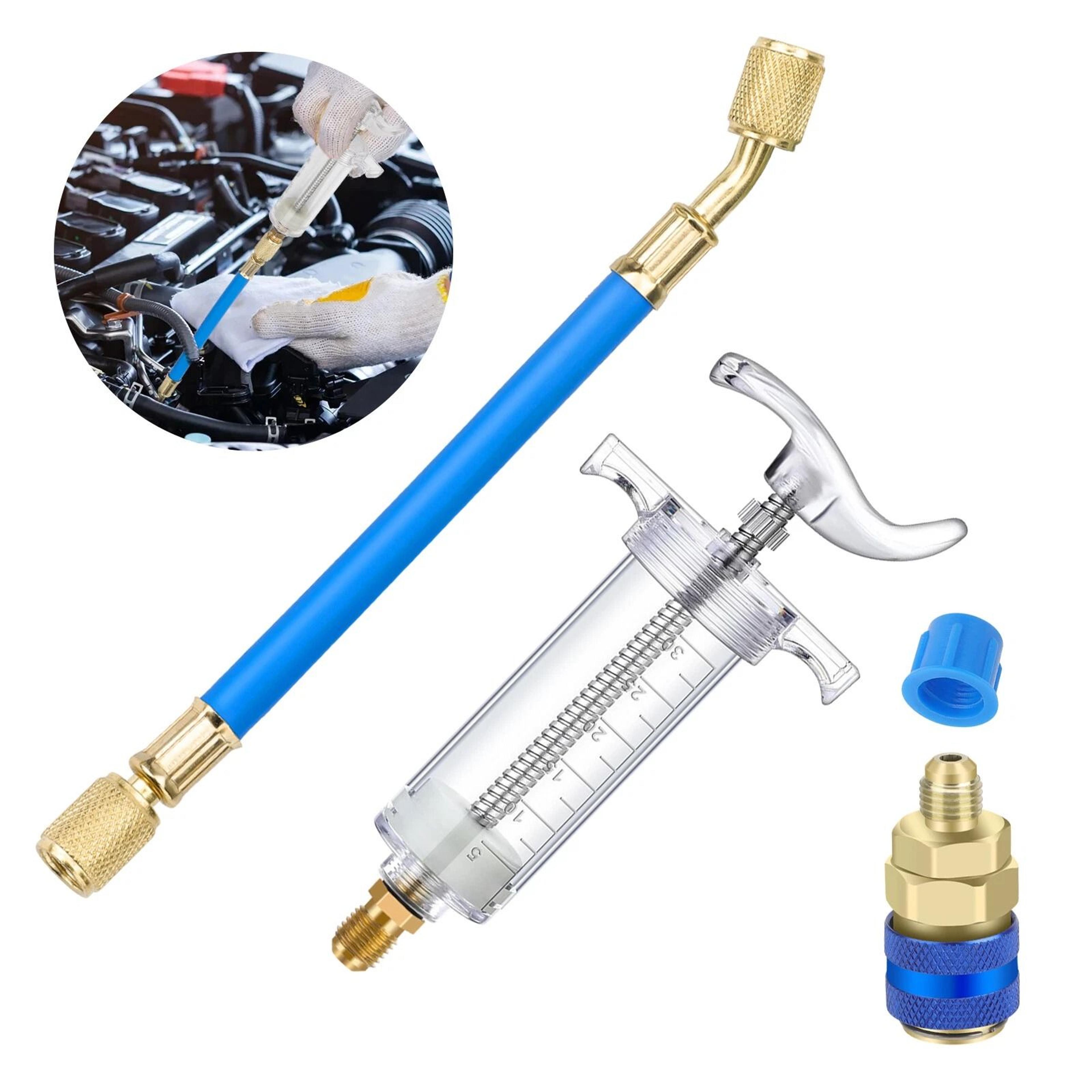 oil and dye injector, car air conditioning adapter with quick coupler for hvac compressors