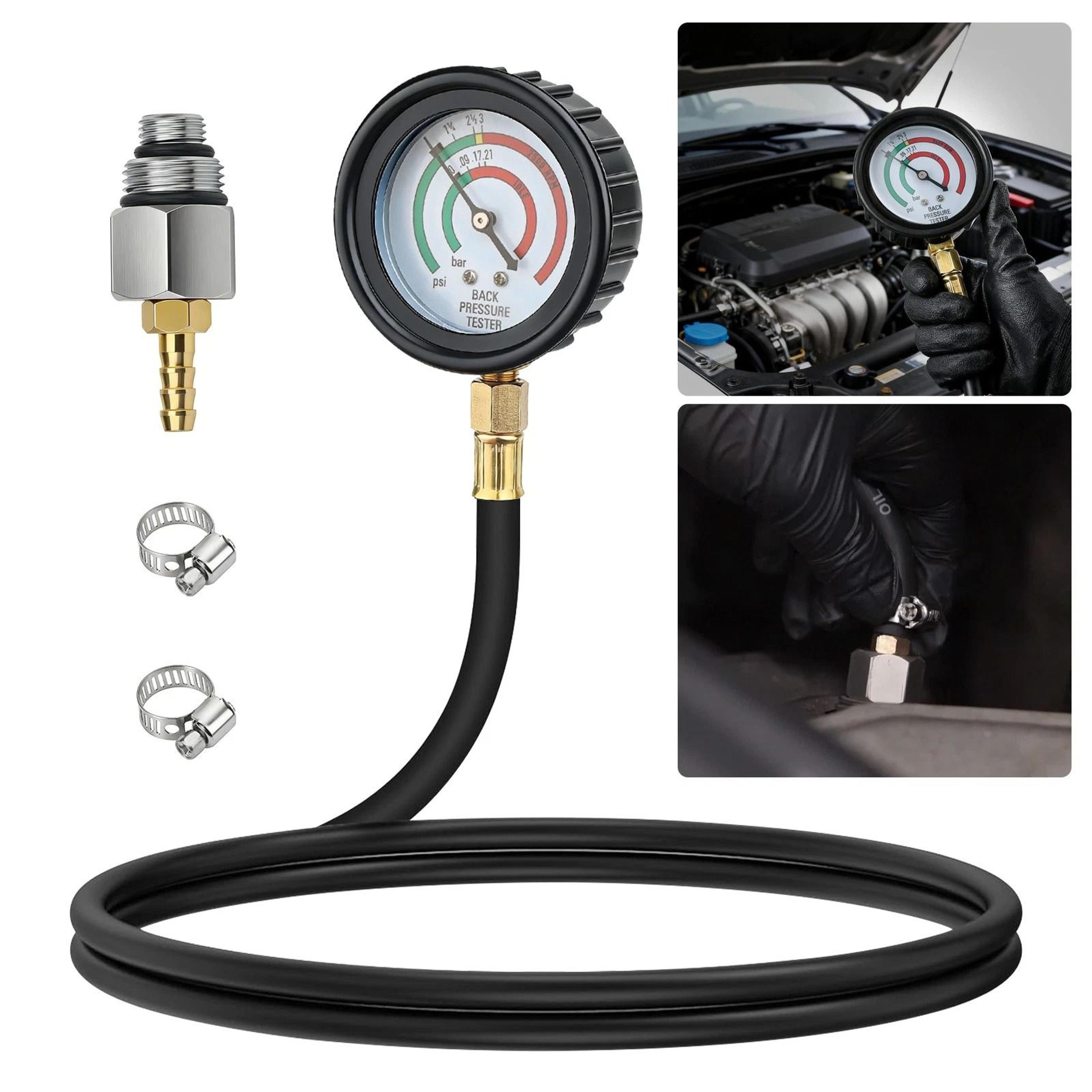 exhaust back pressure tester, high-visibility hd pressure gauge, hose adapters for quick diagnostics
