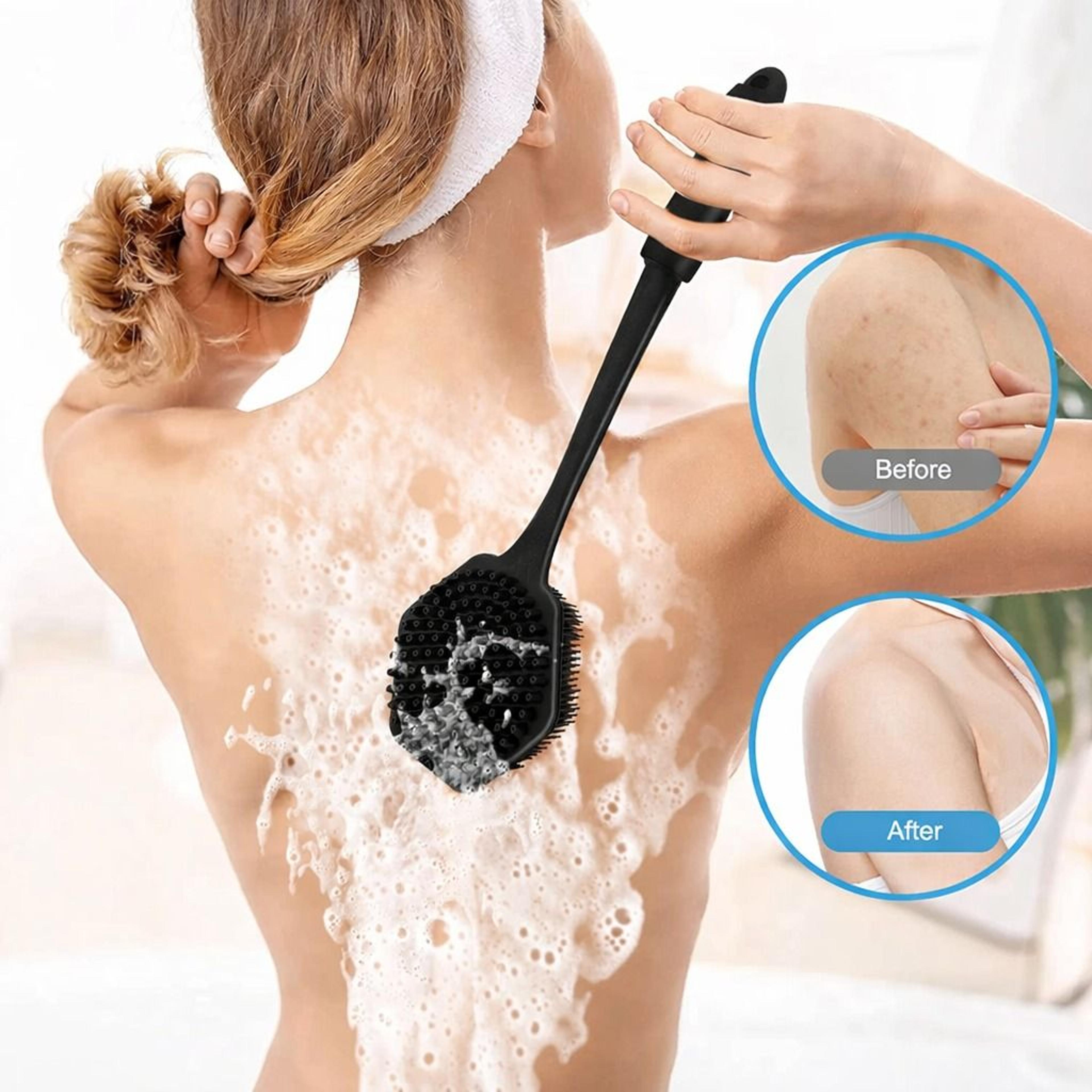 double-sided silicone bath brush for body, long handle back scrubber for shower, exfoliating & massage brush
