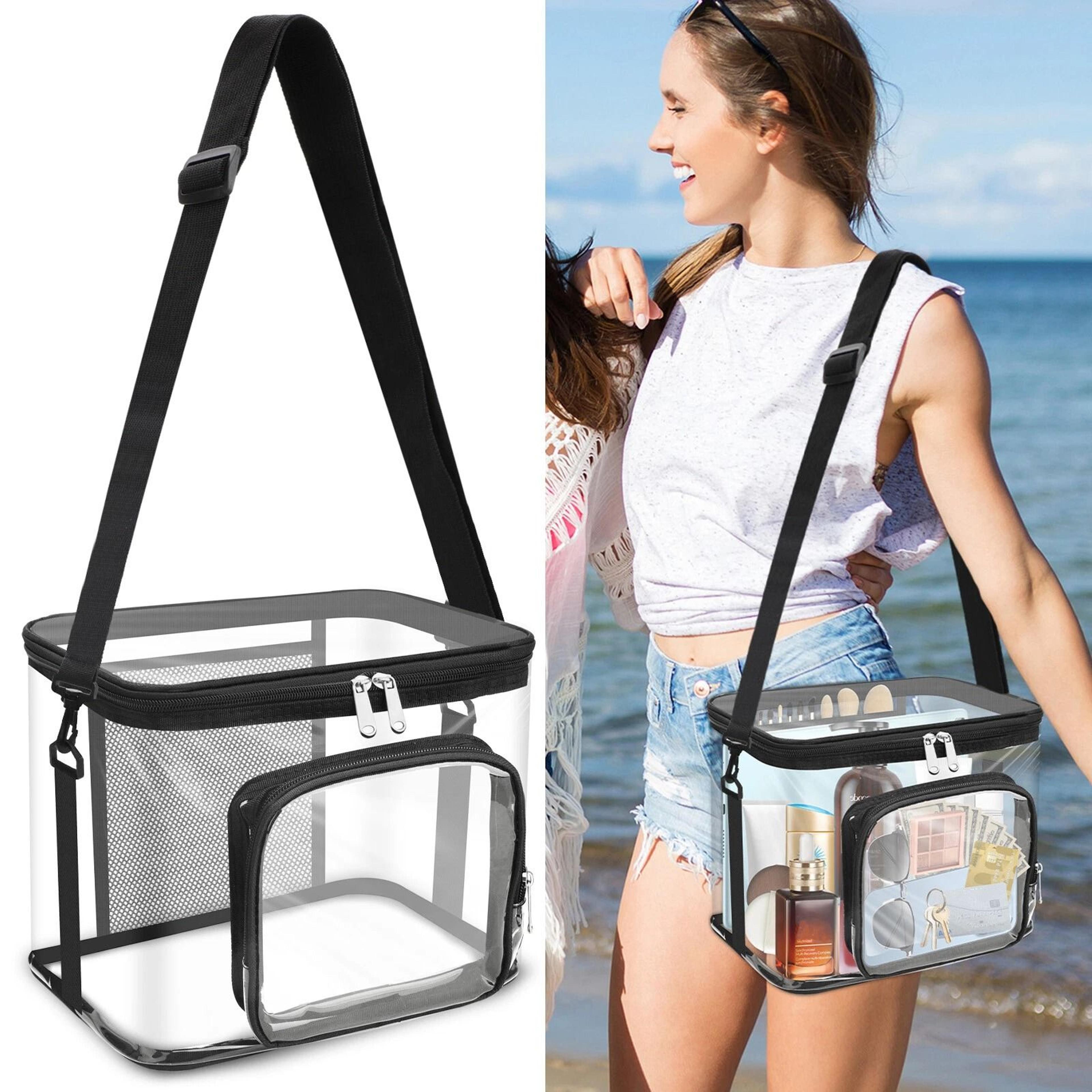 transparent shoulder organizer with zipper, clear pvc lunch tote, adjustable strap, waterproof & durable tote bag