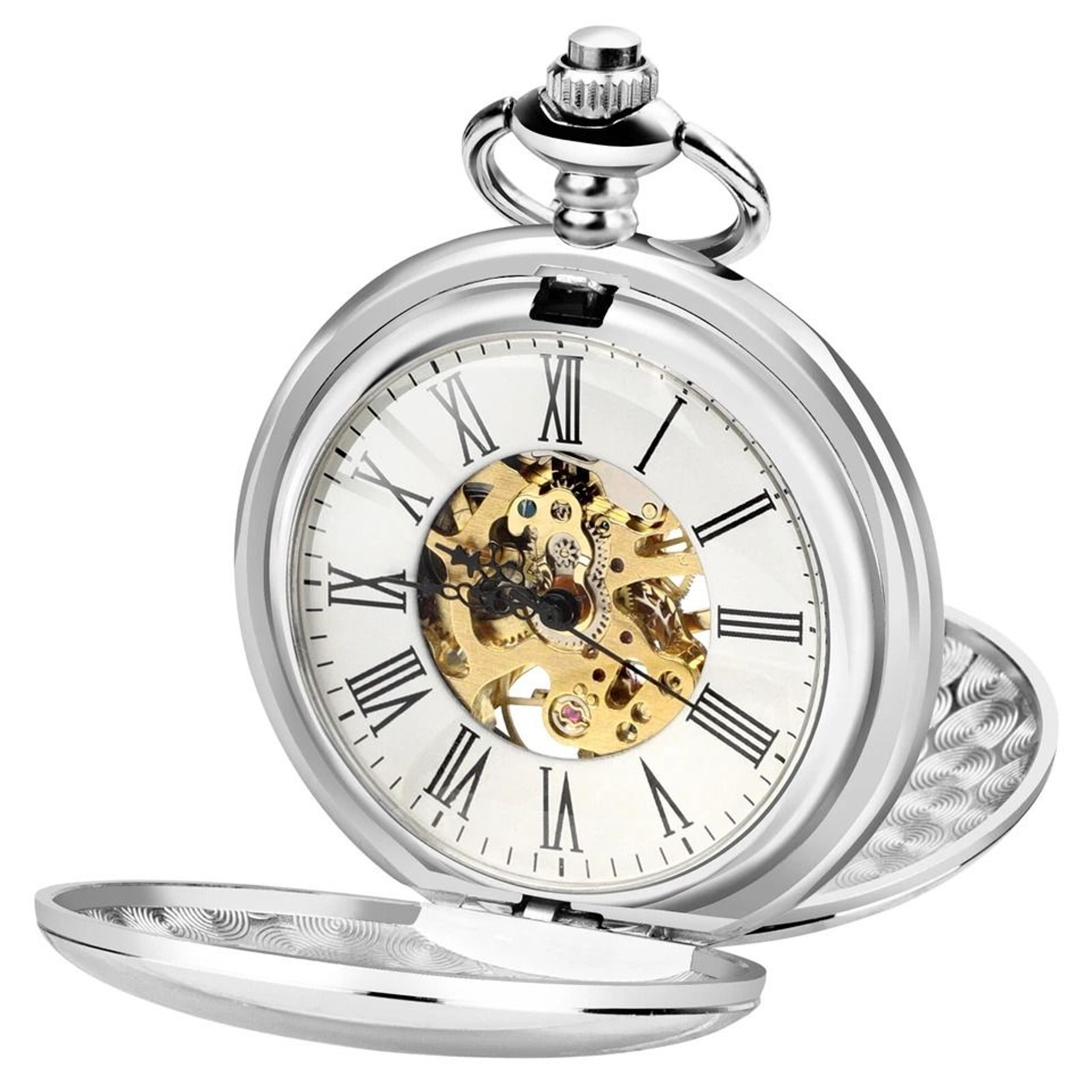 men's retro pocket watch with chain, classic mechanical movement, vintage roman numerals, durable alloy case