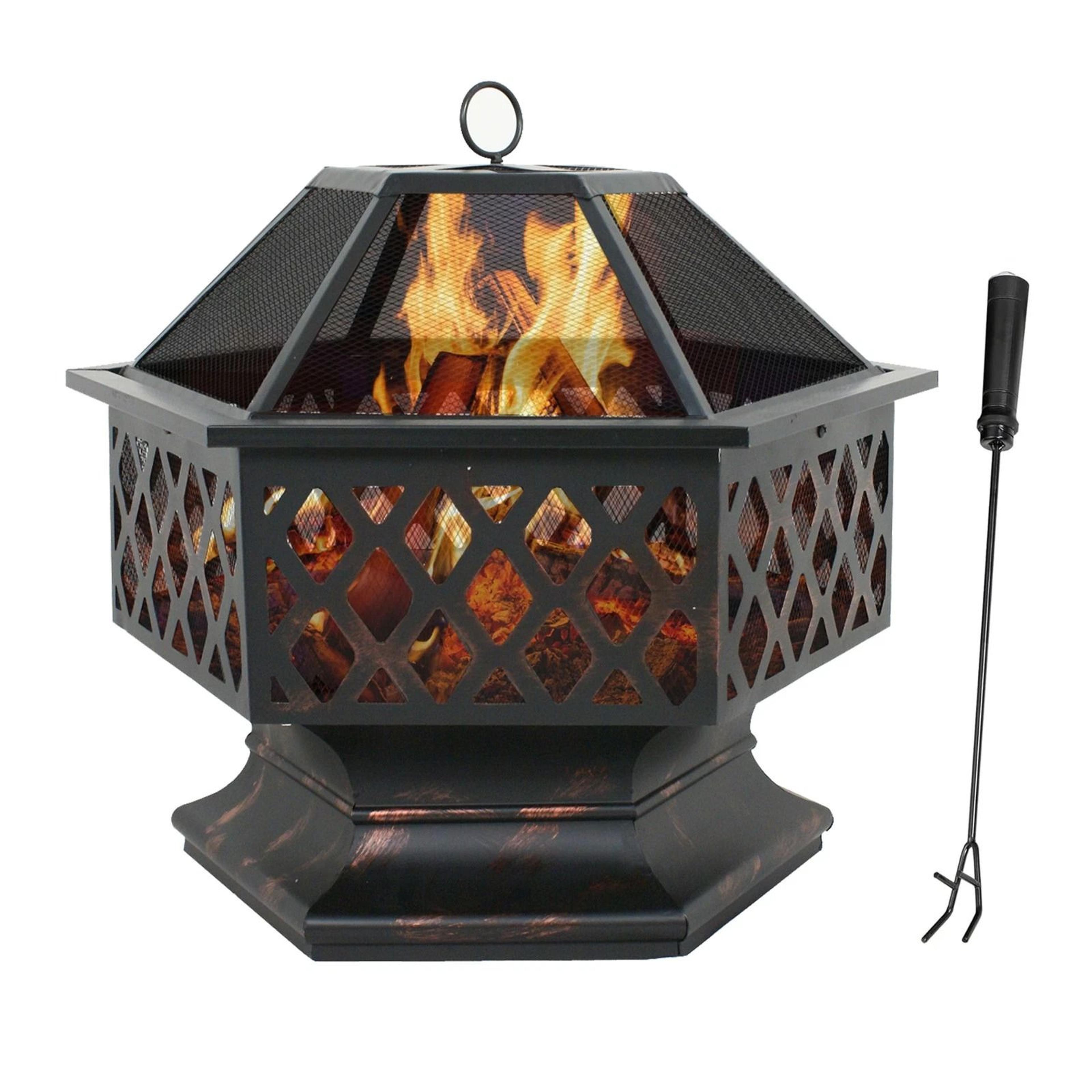 outdoor fire pit heater for backyard, wood burning patio stove fireplace table, elegant deck decoration