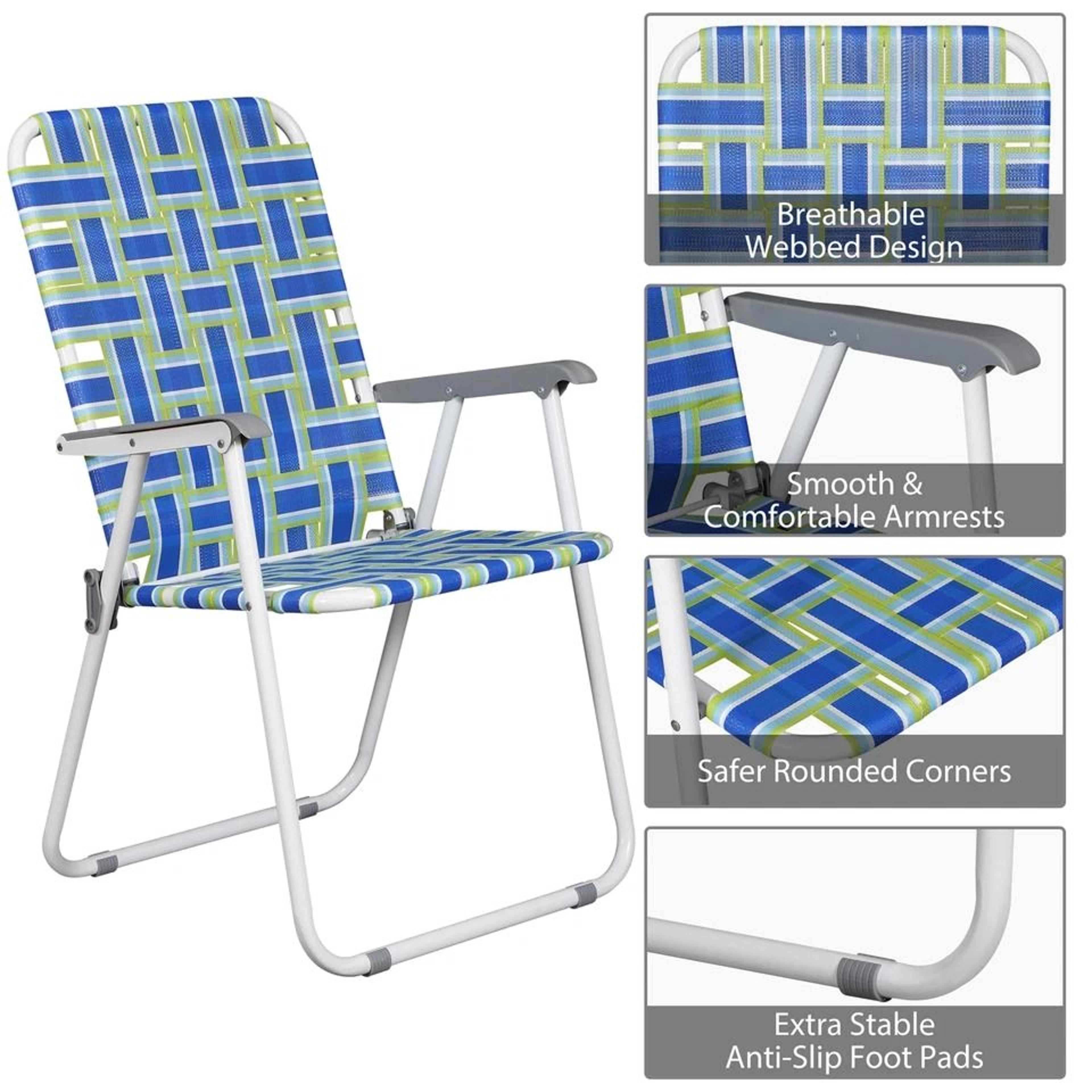 Outdoor Webbed Lawn Chair Patio Folding Beach Chairs Steel Frame Lightweight Comfortable Breathable 3