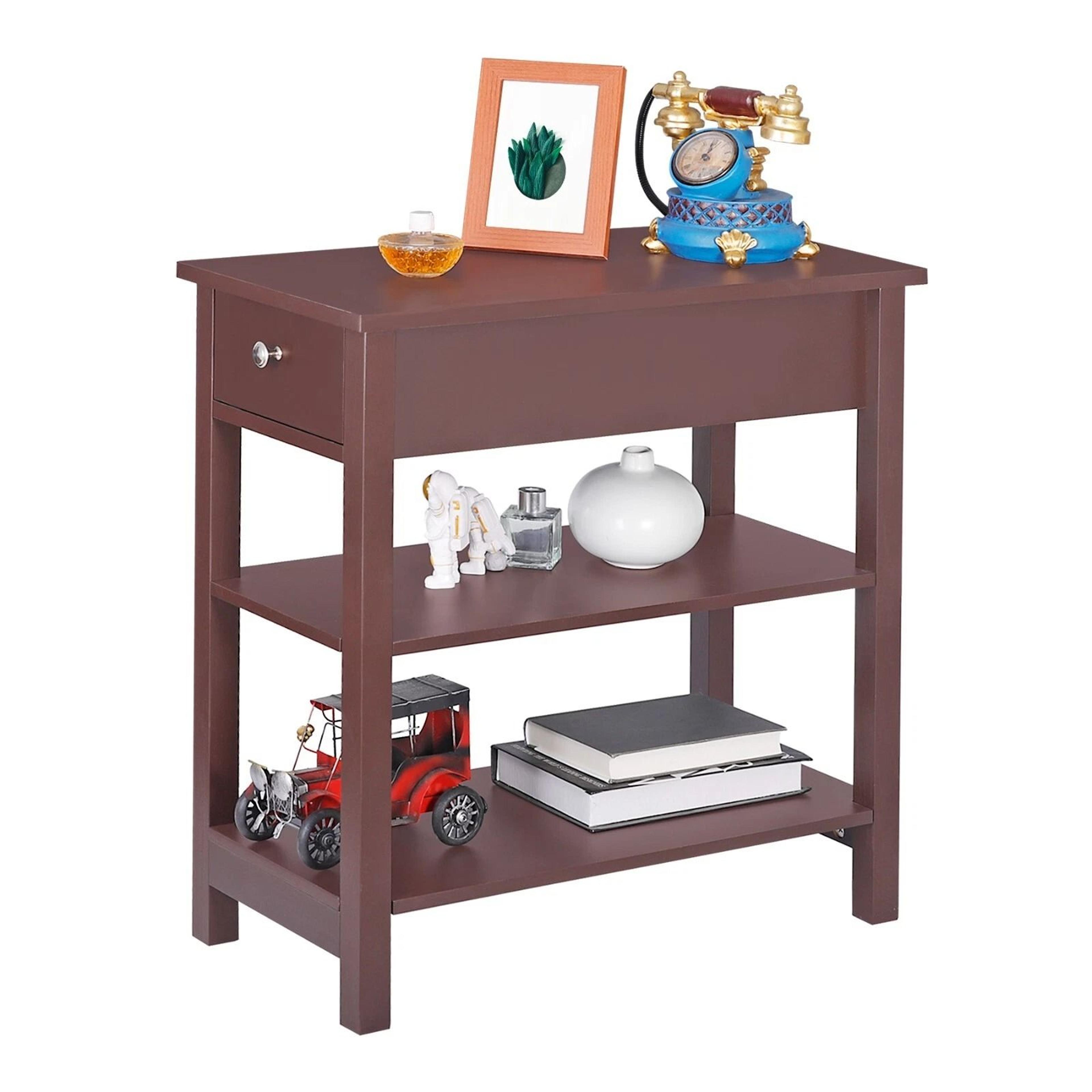 Narrow End Table Tier Side Table With Drawer And Shelf Brown MDF Pine Wood Ideal For Living Room Or 5