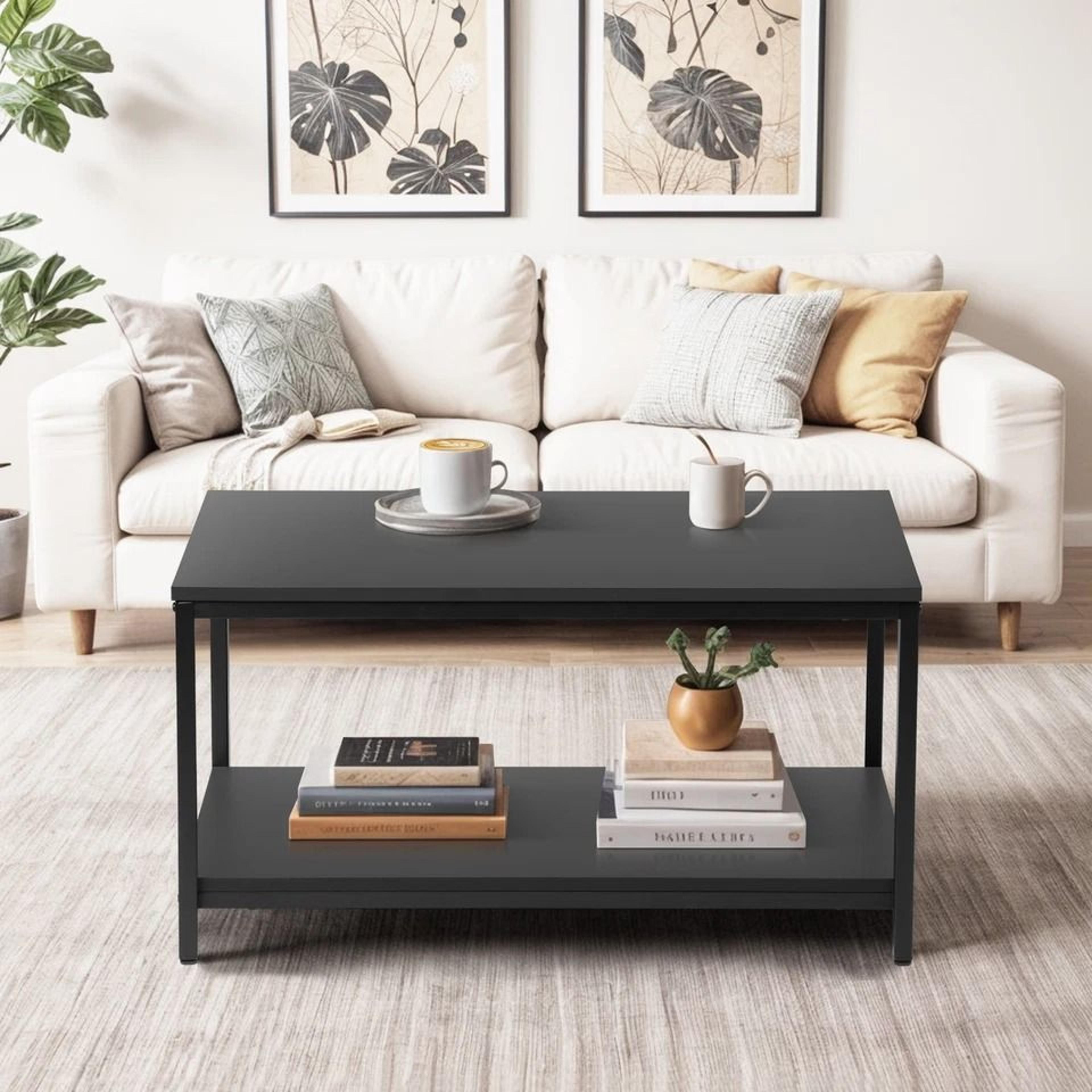 Rustic Black Tier Small Coffee Table Wood Rectangle Side End Table Storage Shelf Sturdy Metal Frame 6