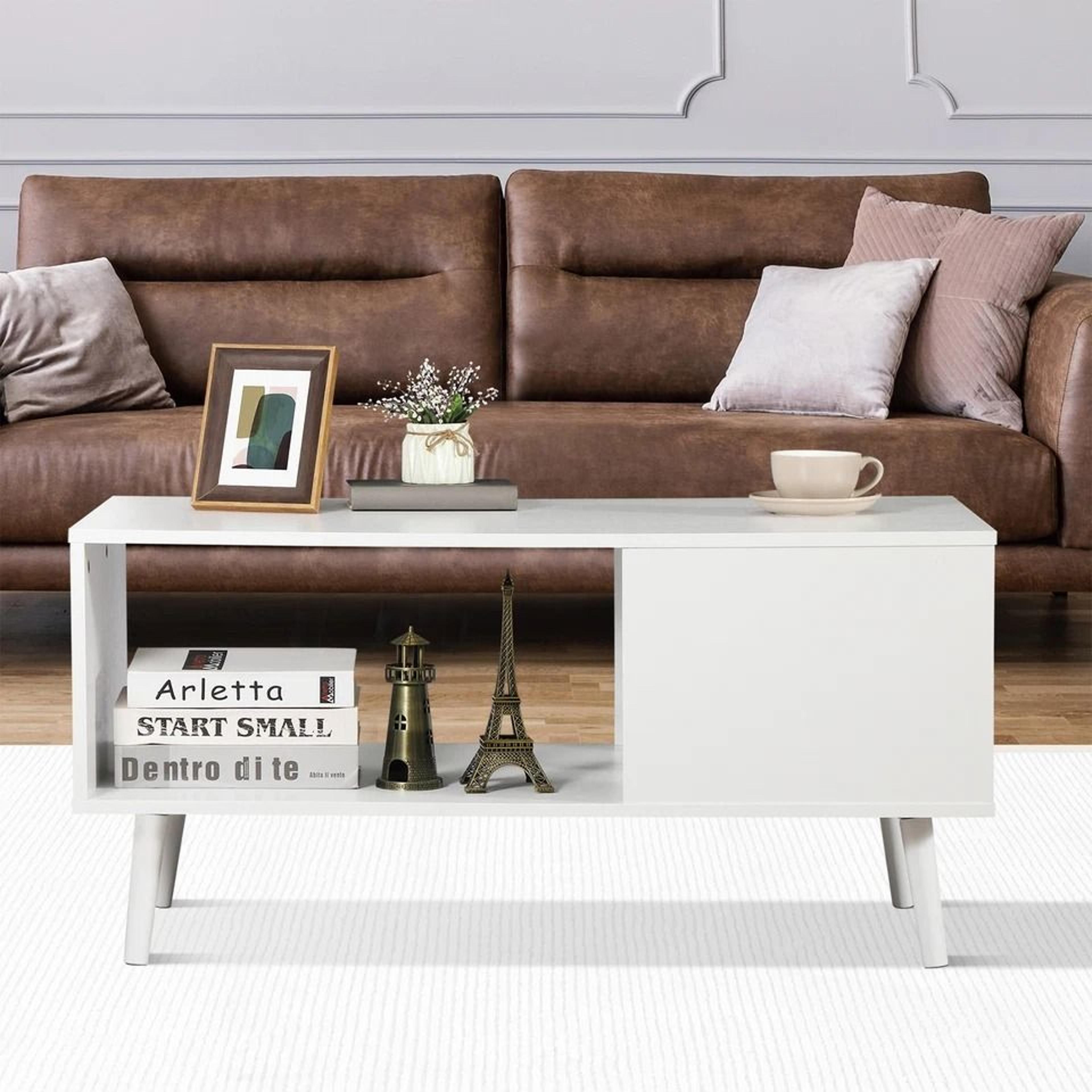 White Wooden Retro Coffee Table Rectangular Open Storage Shelf Large Storage Space For Living Room 5