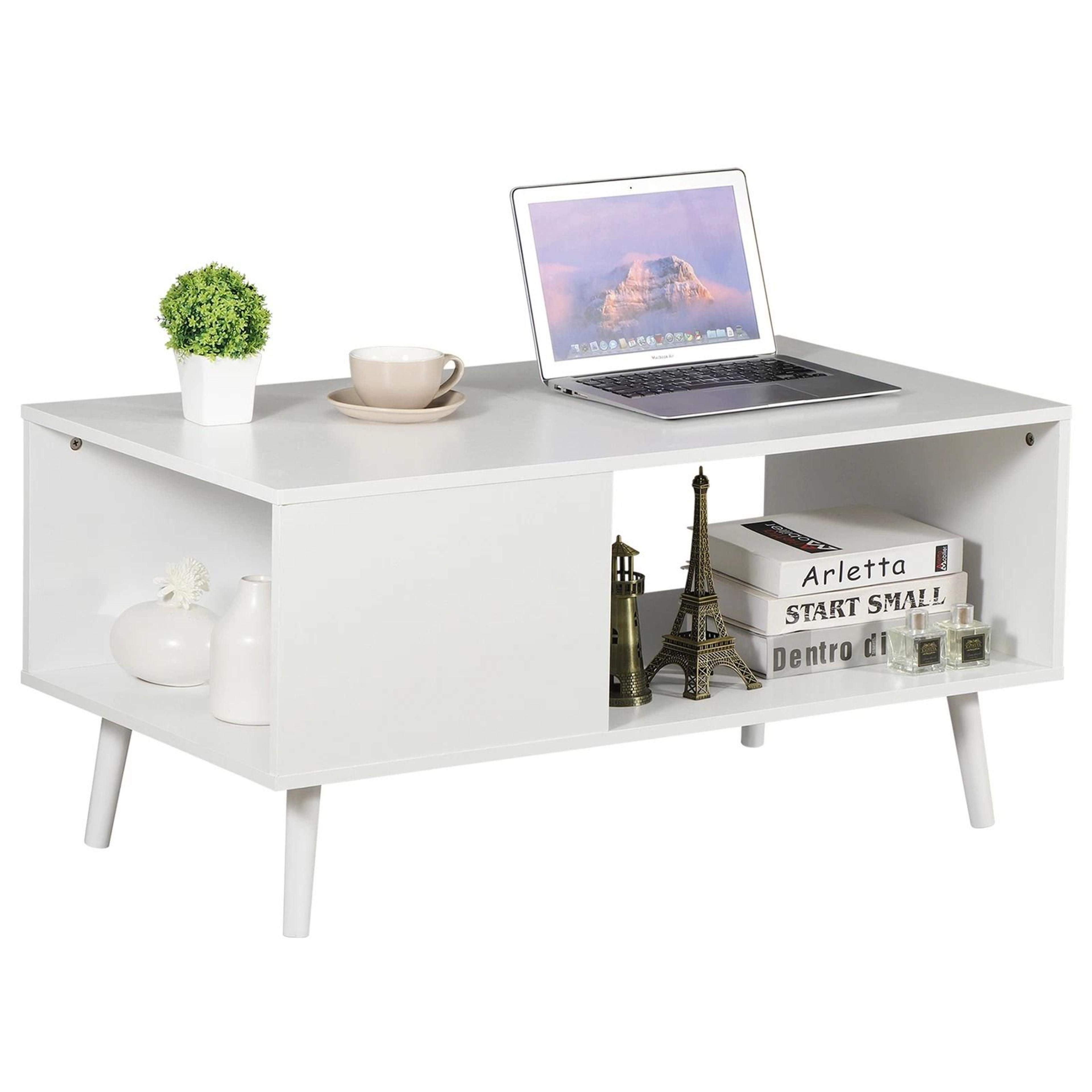 White Wooden Retro Coffee Table Rectangular Open Storage Shelf Large Storage Space For Living Room 7