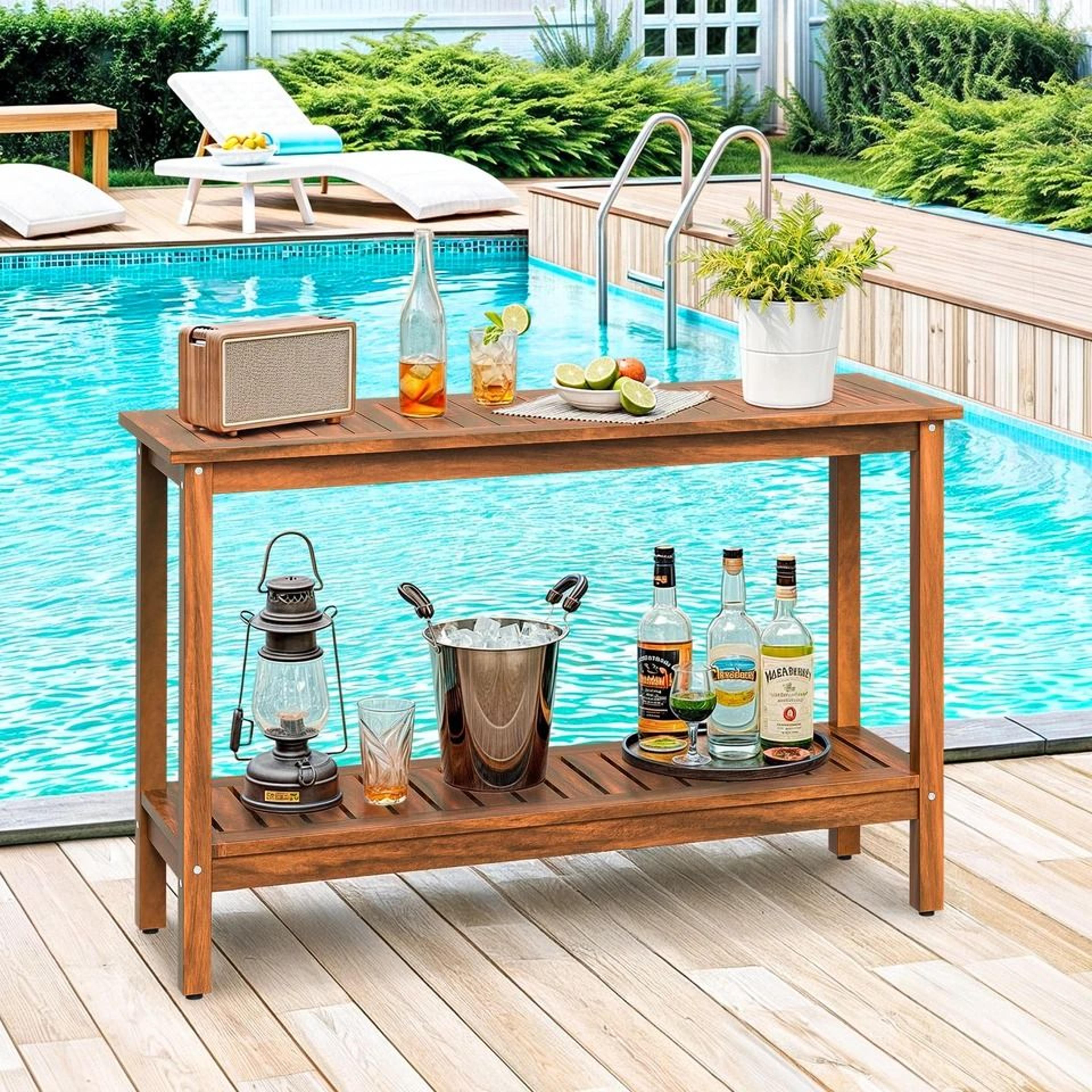 natural acacia wood console table, buffet bar organizer, sturdy multiuse storage with adjustable feet, slider design