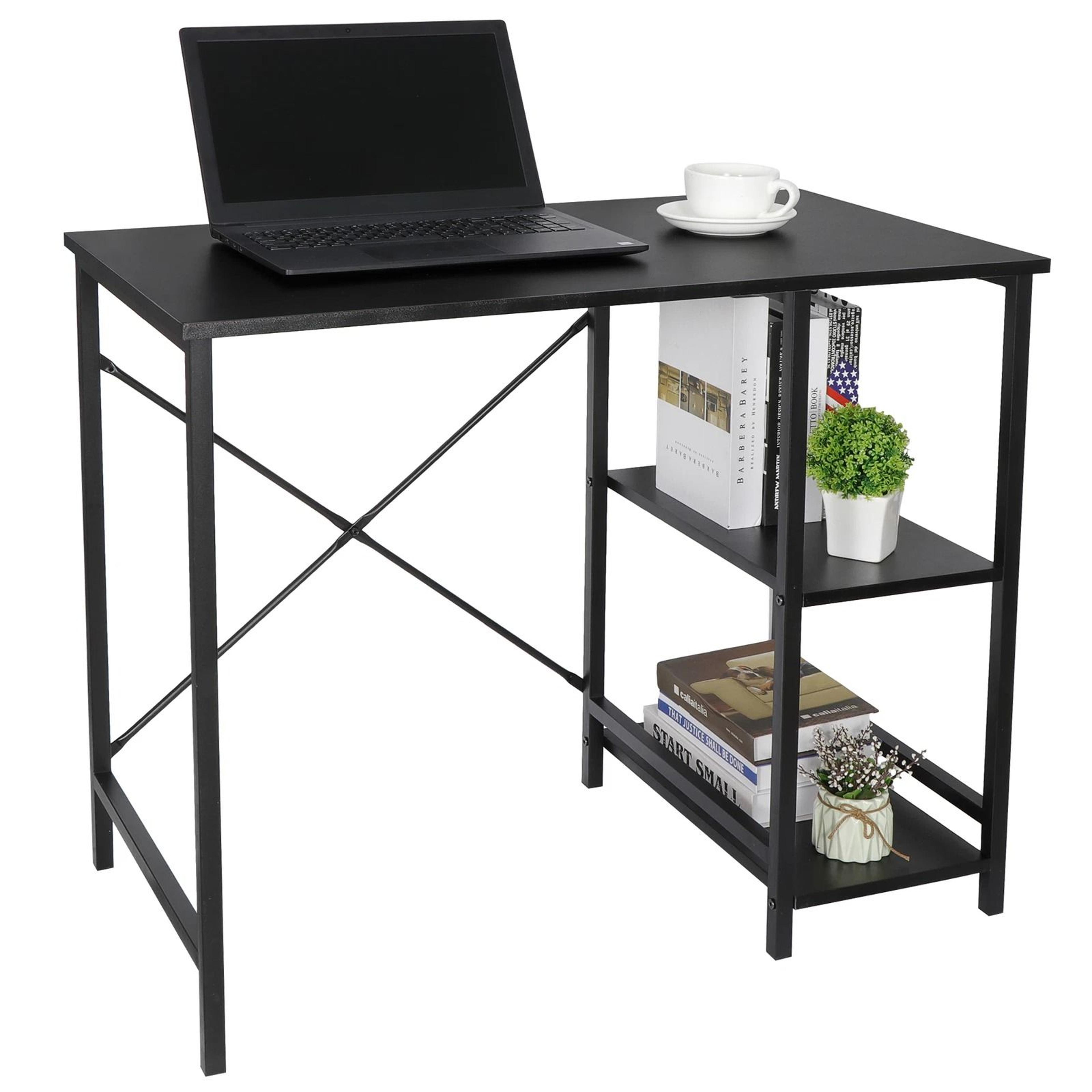 modern wood computer desk, two-tier shelves for laptop, study table for home office use