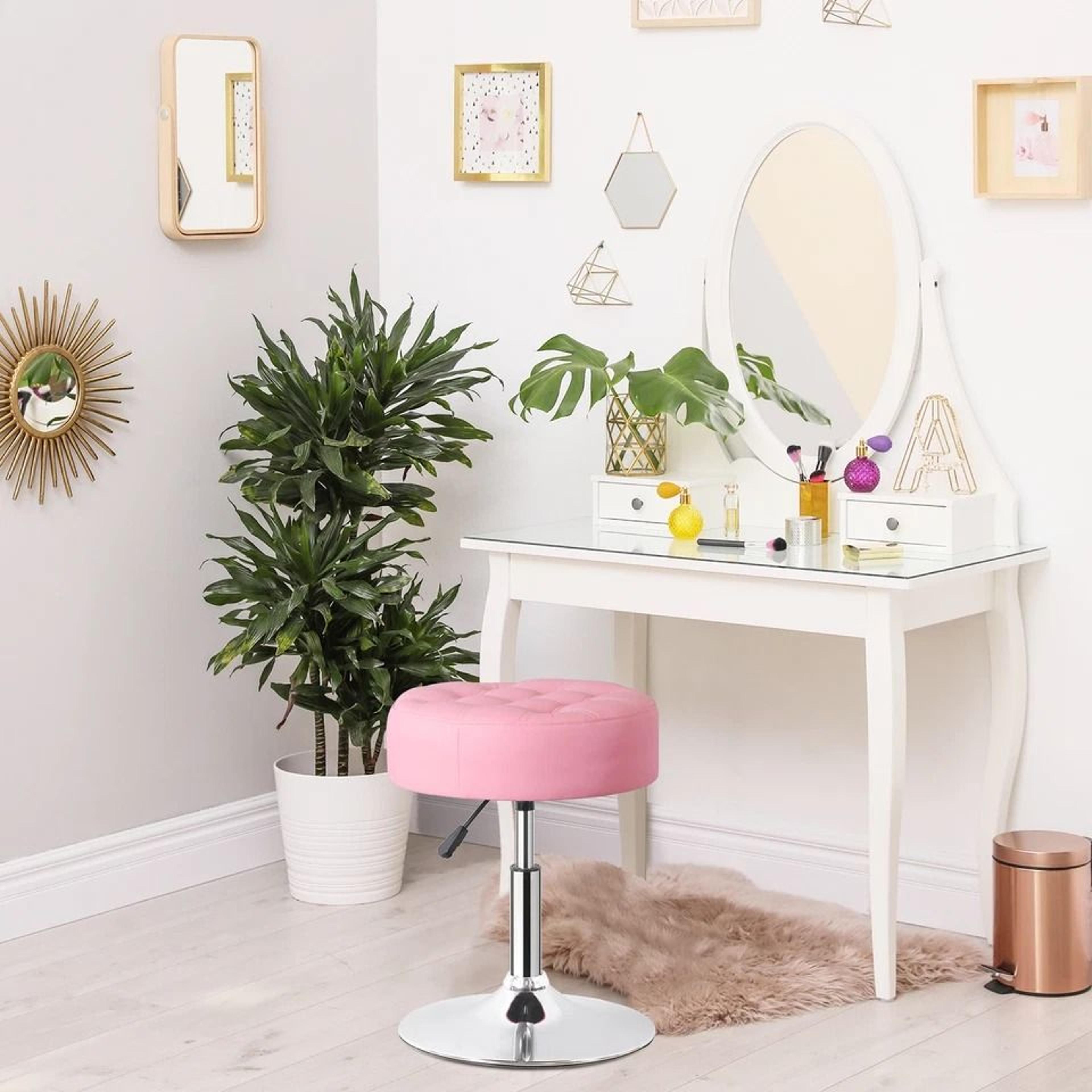 Pink Swivel Vanity Stool Adjustable PU Leather Makeup Chair Comfortable Ottoman For Bedroom Modern  3
