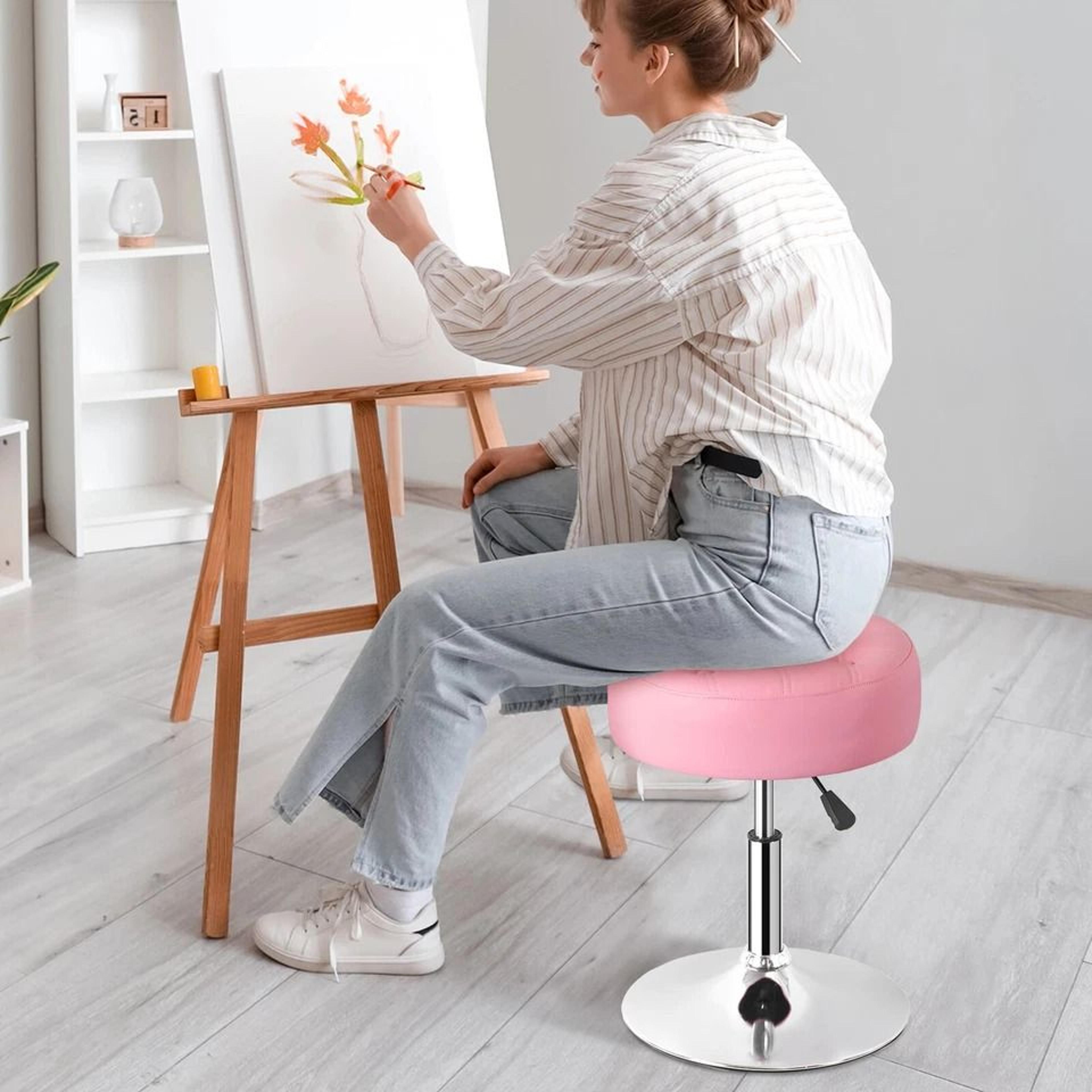Pink Swivel Vanity Stool Adjustable PU Leather Makeup Chair Comfortable Ottoman For Bedroom Modern  2